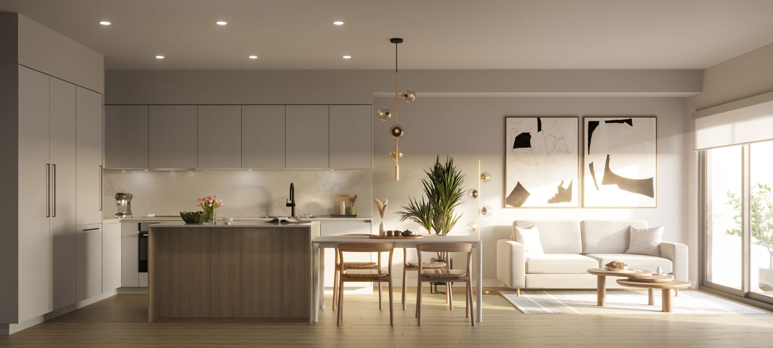 Umbra at Portwood – Open layout kitchen and dining room with minimalist grey cabinetry, island seating, and warm accent lighting.