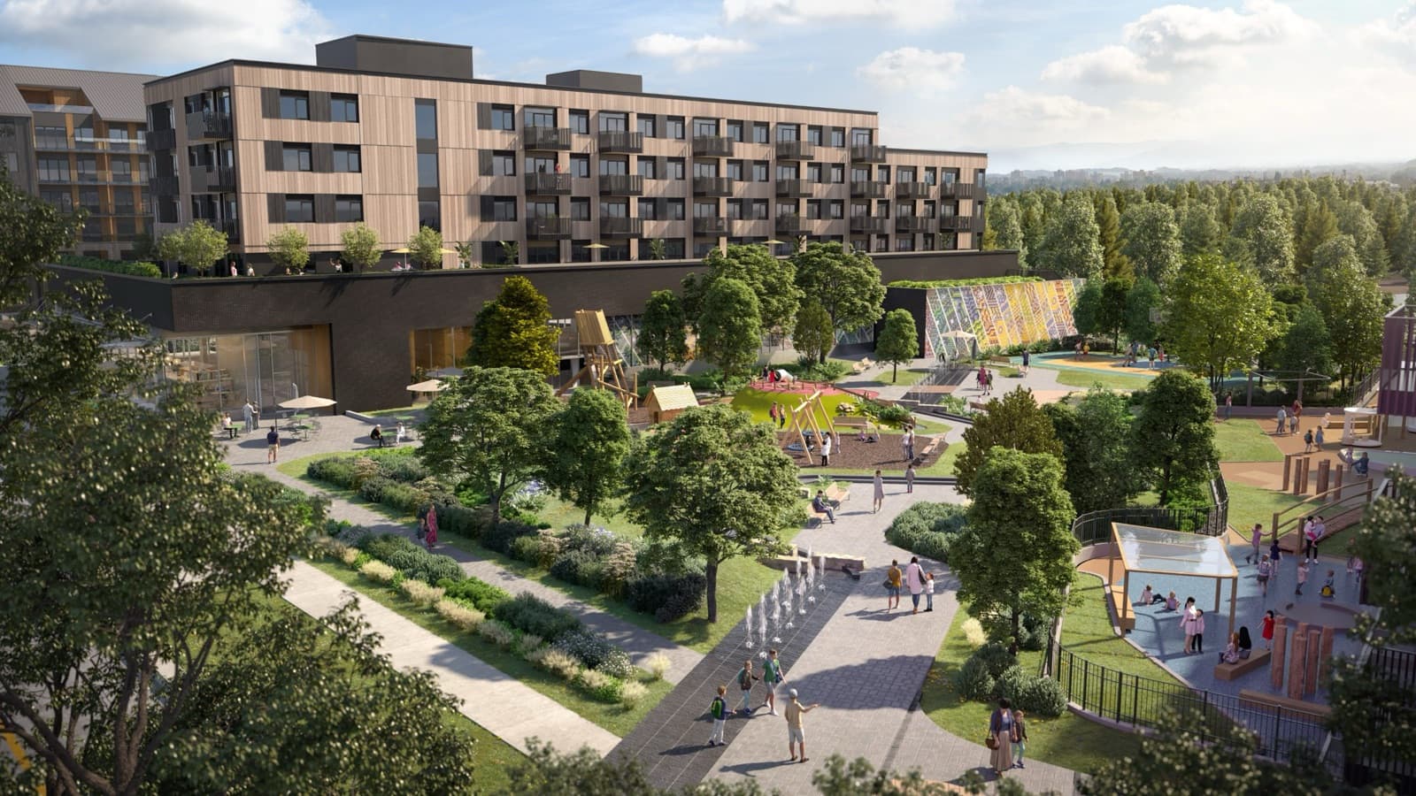 Umbra at Portwood – Elevated aerial view of the residential building, outdoor central park, playground, and surrounding greenery.