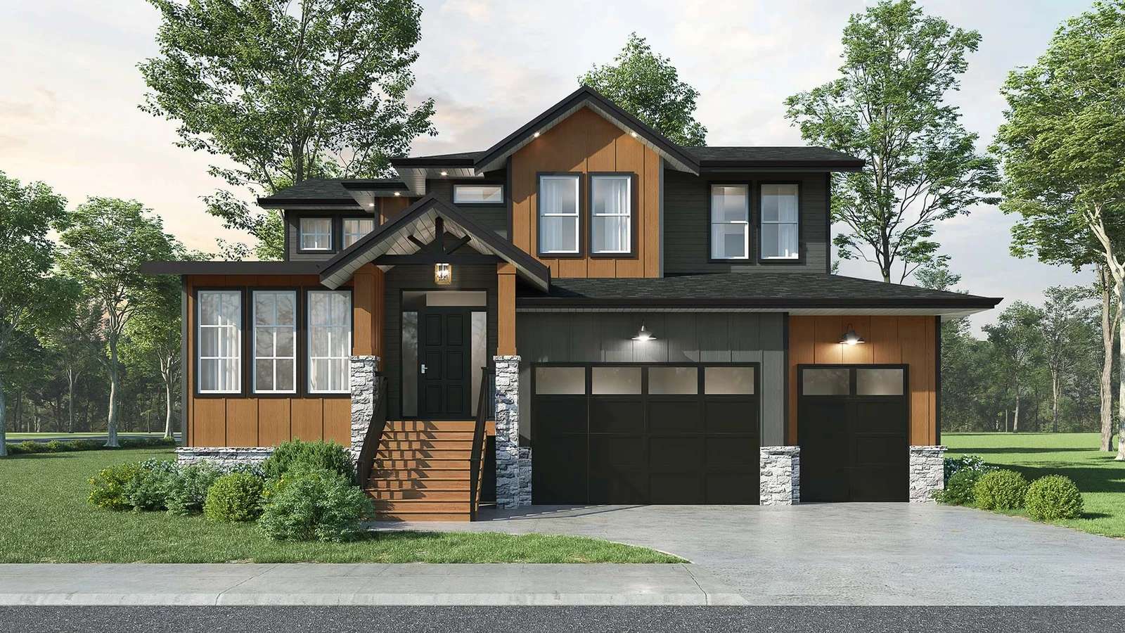 Cameron – A two-story single-family home with dark and wood-tone siding, stone accents, and a triple garage.