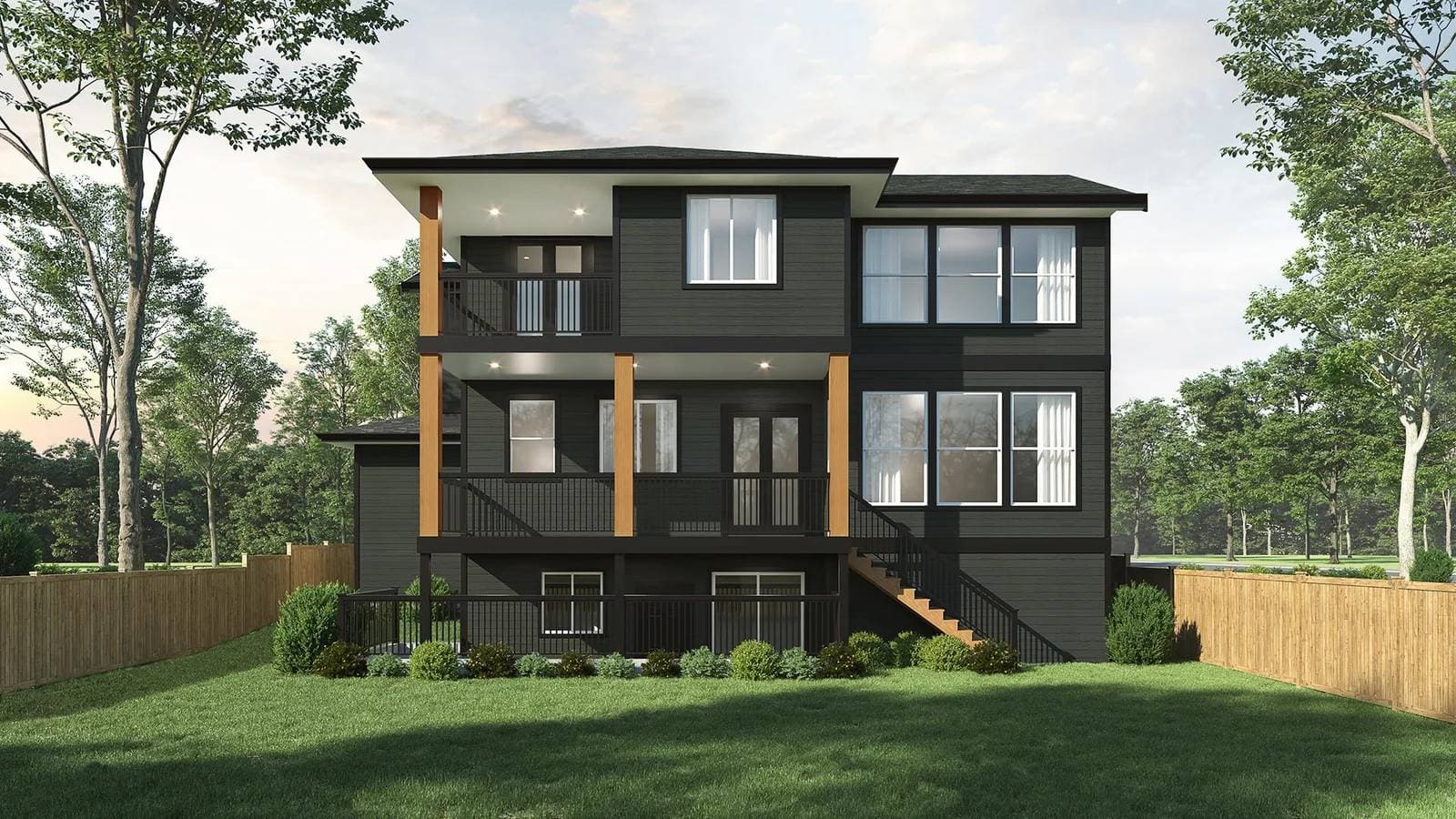 Cameron – Rear view of a dark-toned three-story home with stacked balconies, wood support posts, and a fenced backyard.