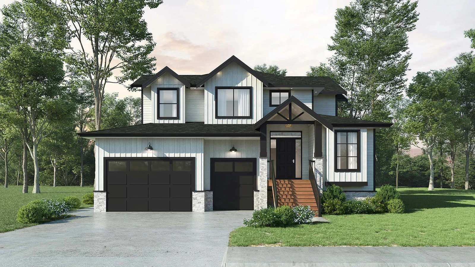 Cameron – A two-story single-family home with light siding, dark trim, stone accents, and a covered front porch with steps.