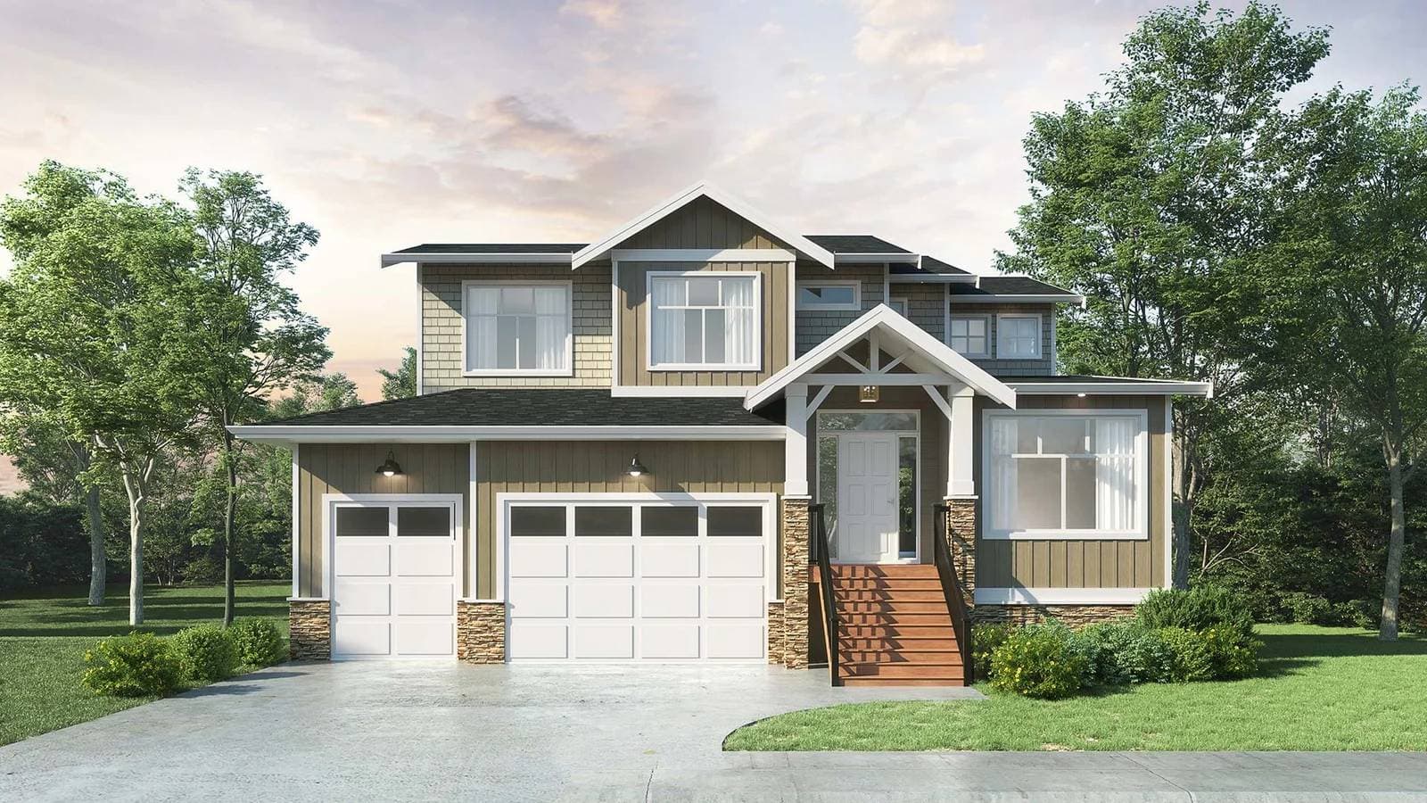 Cameron – A two-story single-family home with shingle-and-siding facade, covered entry with wood beams, and two garage doors.