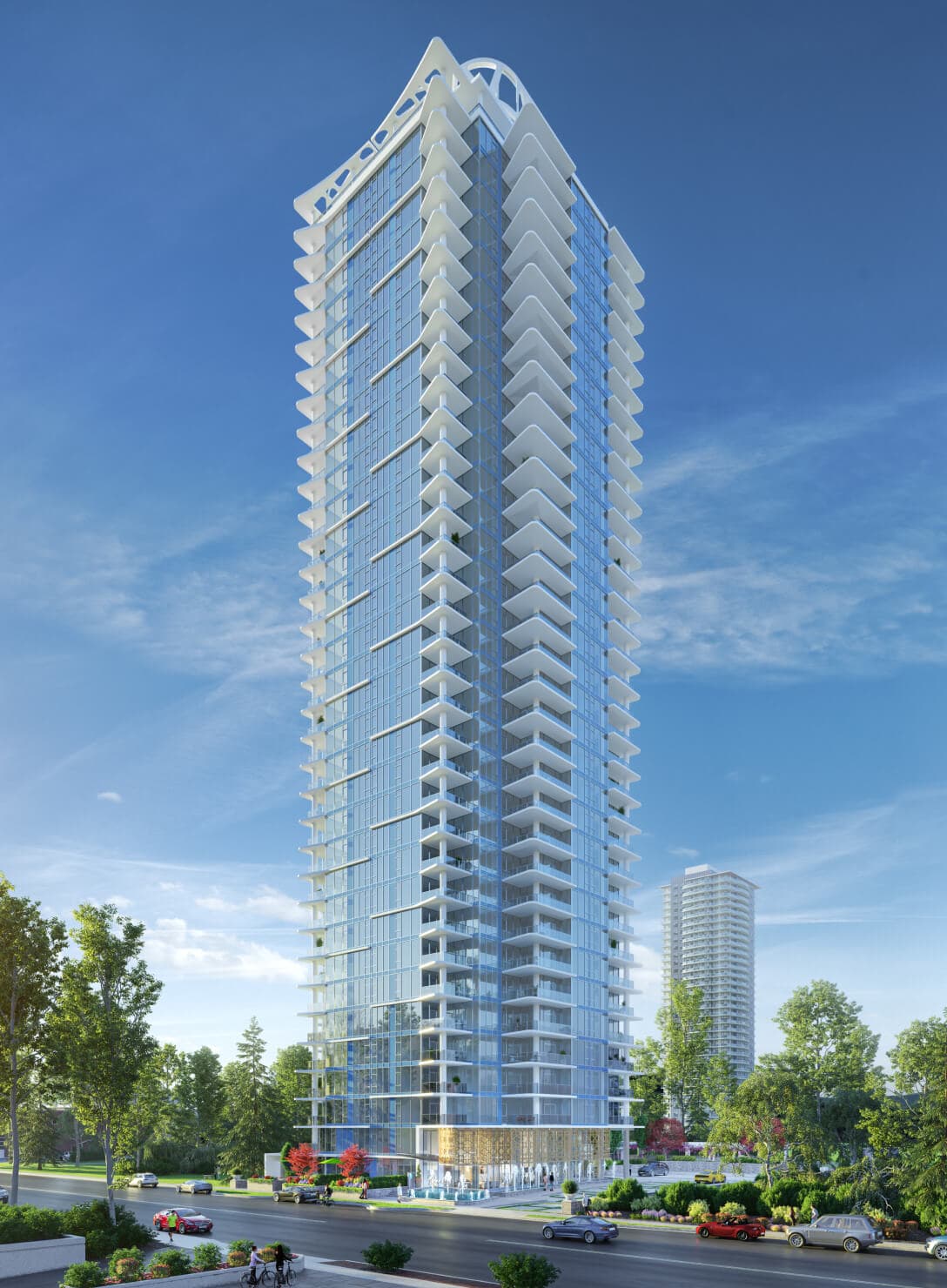 Riviera – Full-height daytime rendering of the 38-storey glass tower with sculpted white balconies against a blue sky, tree-lined street and landscaped plaza at its base.
