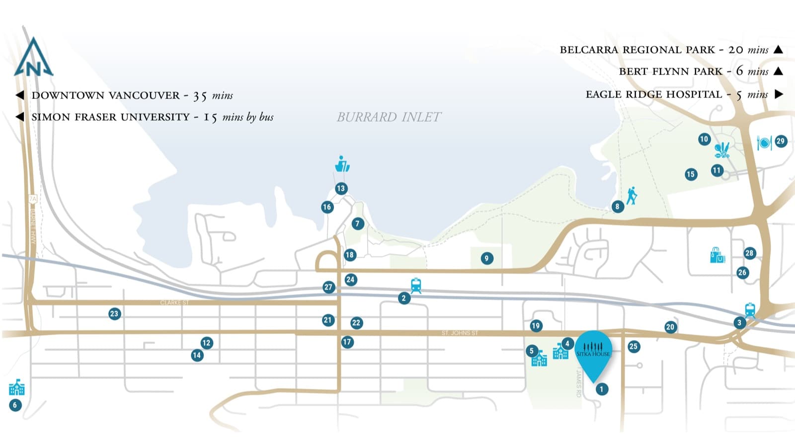 Sitka House – Illustrated location map showing the building's pin location relative to Burrard Inlet, roads, parks, transit and nearby amenities with numbered markers.