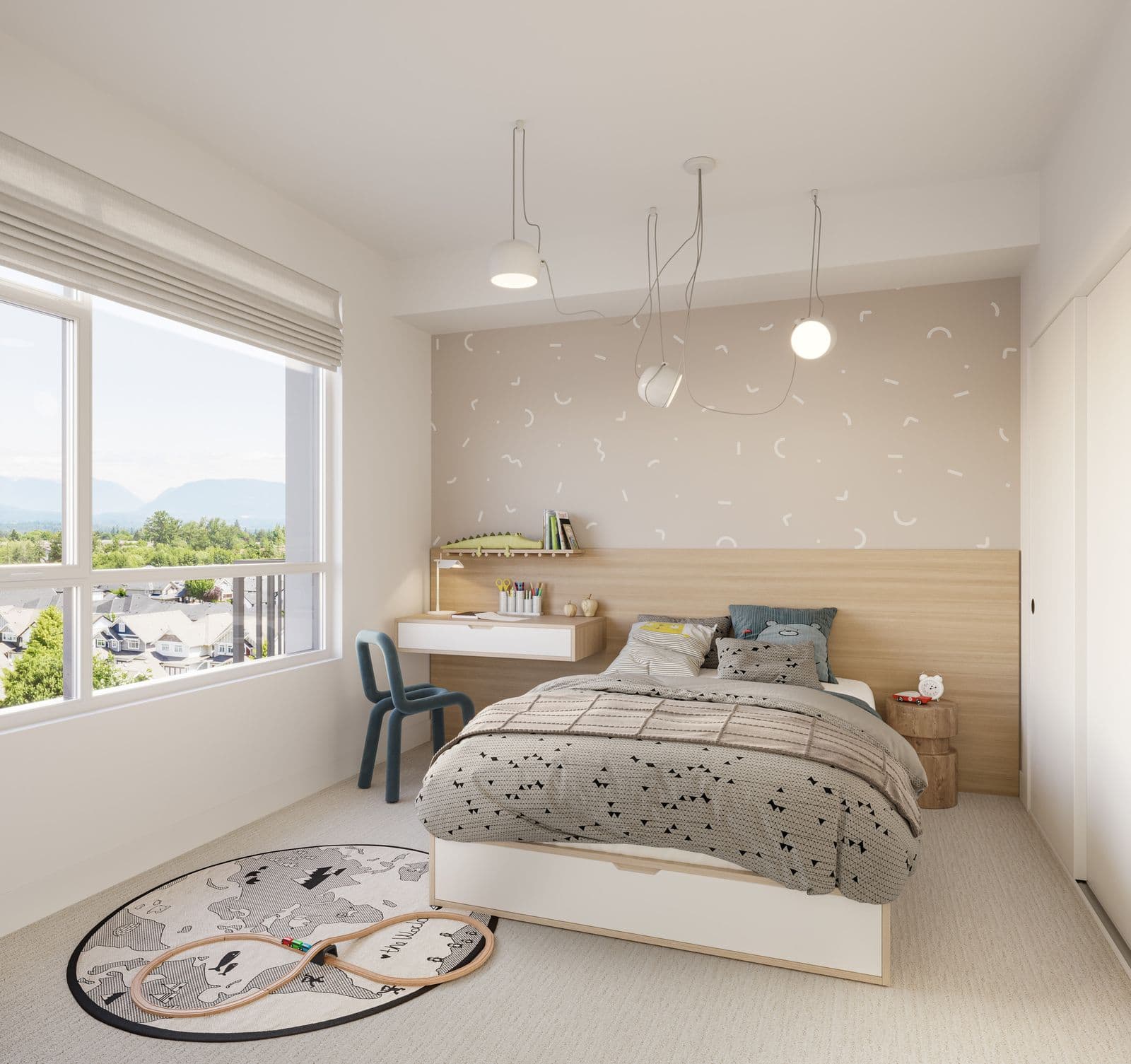 The Commons – Child's bedroom with a playful patterned accent wall, wood headboard with a small built-in desk, pendant lights, and a large window with mountain and neighborhood views.