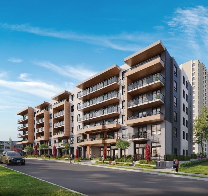 The Commons – Rendering of a low-rise residential building with wood-accented balconies and street-level landscaping, with people walking on the sidewalk and a taller tower visible behind.