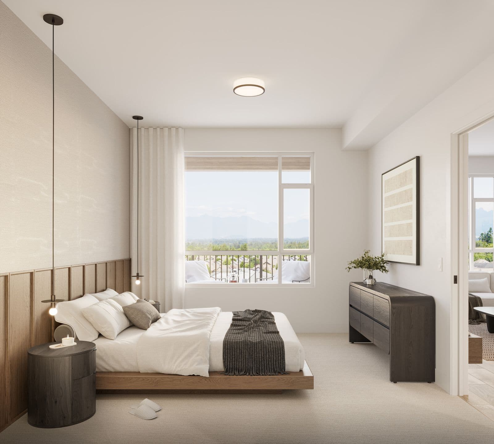 The Commons – Primary bedroom with a platform bed, dark wood nightstands and dresser, wood wall paneling, and a window opening onto a balcony with mountain views.