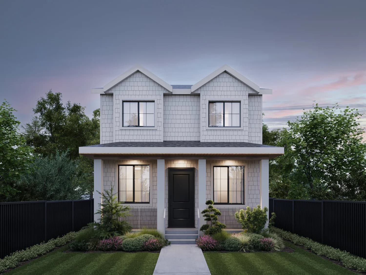 Montage – A frontal dusk shot of a two-story house featuring light grey shingle siding, twin gable rooflines, and a covered front porch with a centered black door. A concrete walkway bisects a manicured green lawn flanked by modern dark slat fencing and lush garden landscaping.