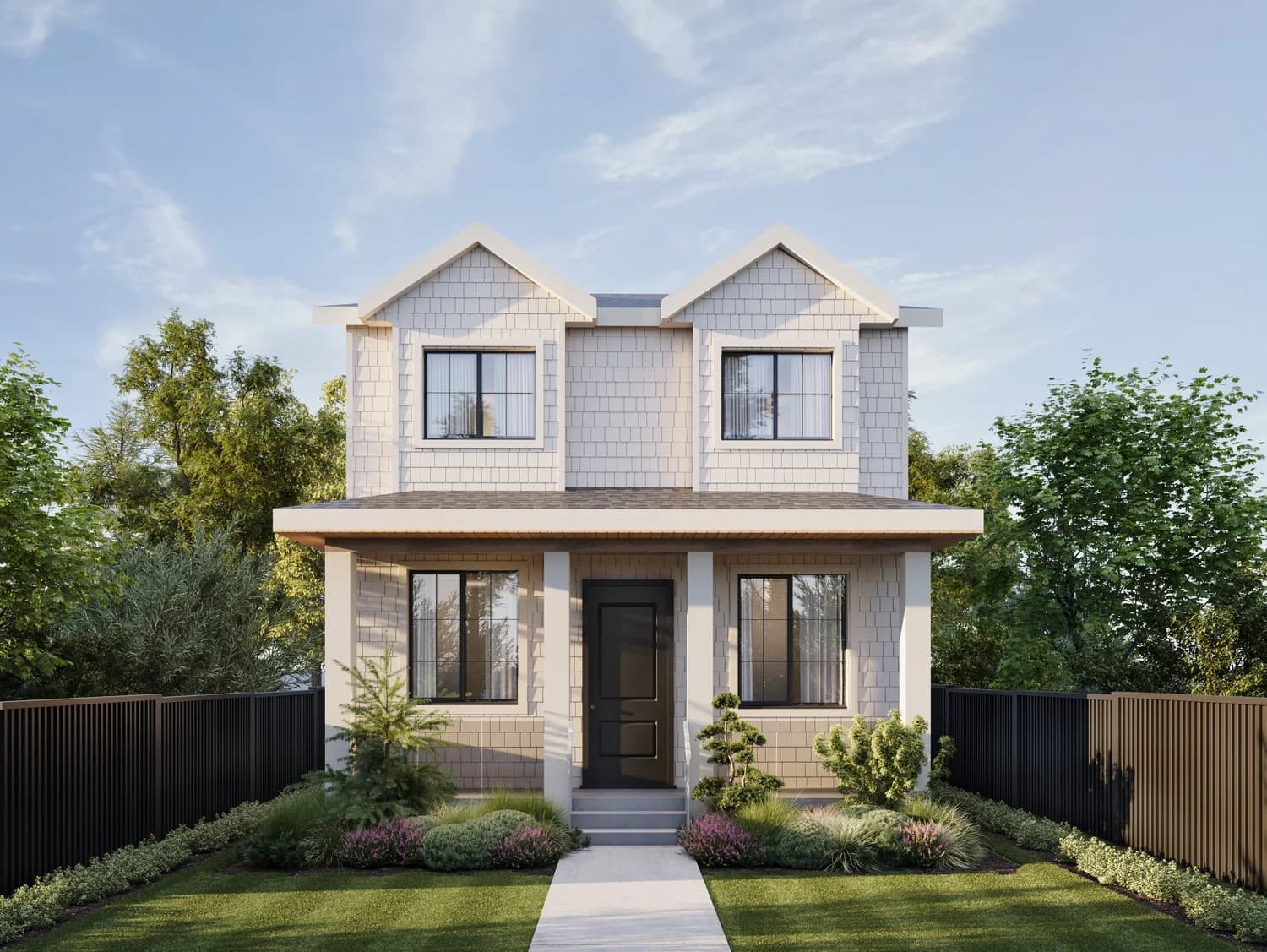 Montage – A straight-on daytime exterior shot of a modern two-story home featuring dual gables, light gray shingle siding, and black-framed windows. A concrete walkway cuts through a manicured front lawn flanked by dark vertical fencing, curated shrubs, and mature green trees against a clear blue sky.