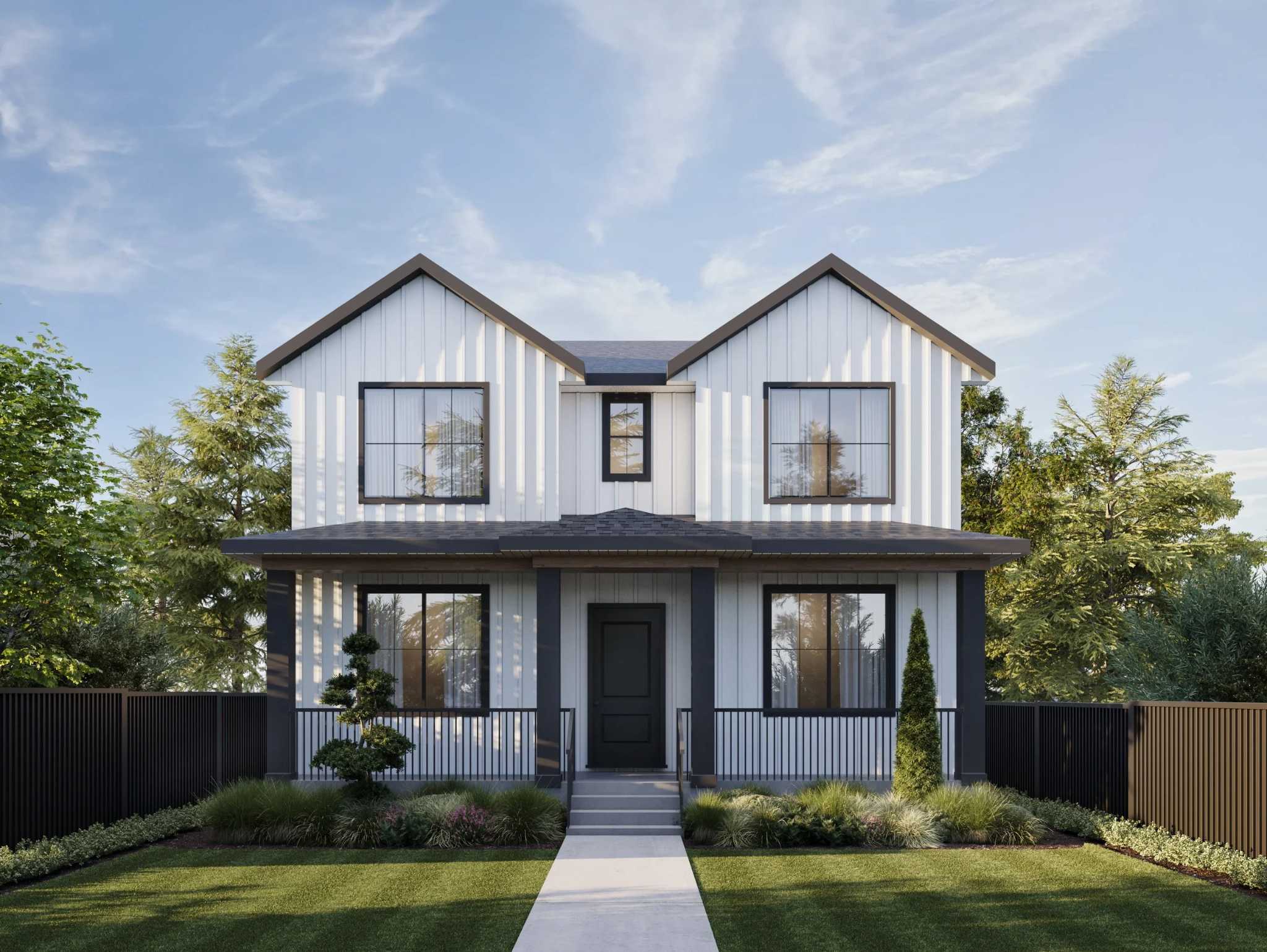 Montage – A modern farmhouse-style two-story duplex or single-family home features white vertical siding, black trim, and dual gabled roofs. A concrete pathway leads through a manicured green lawn to the covered front porch, framed by landscaped shrubs and a dark privacy fence under a clear blue sky.