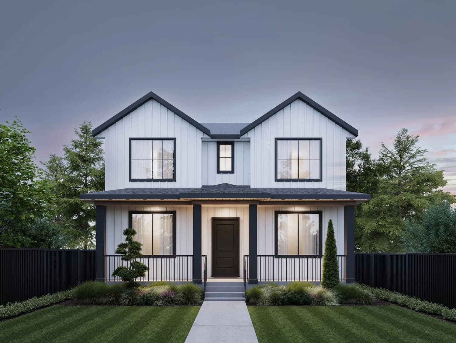 Montage – A straight-on view of a two-story modern farmhouse featuring white vertical siding, contrasting black window trims, twin gabled roofs, and a covered front porch. A concrete pathway leads through a manicured green lawn to the entrance, framed by neat landscaping, a black fence, and trees under a dusk sky.
