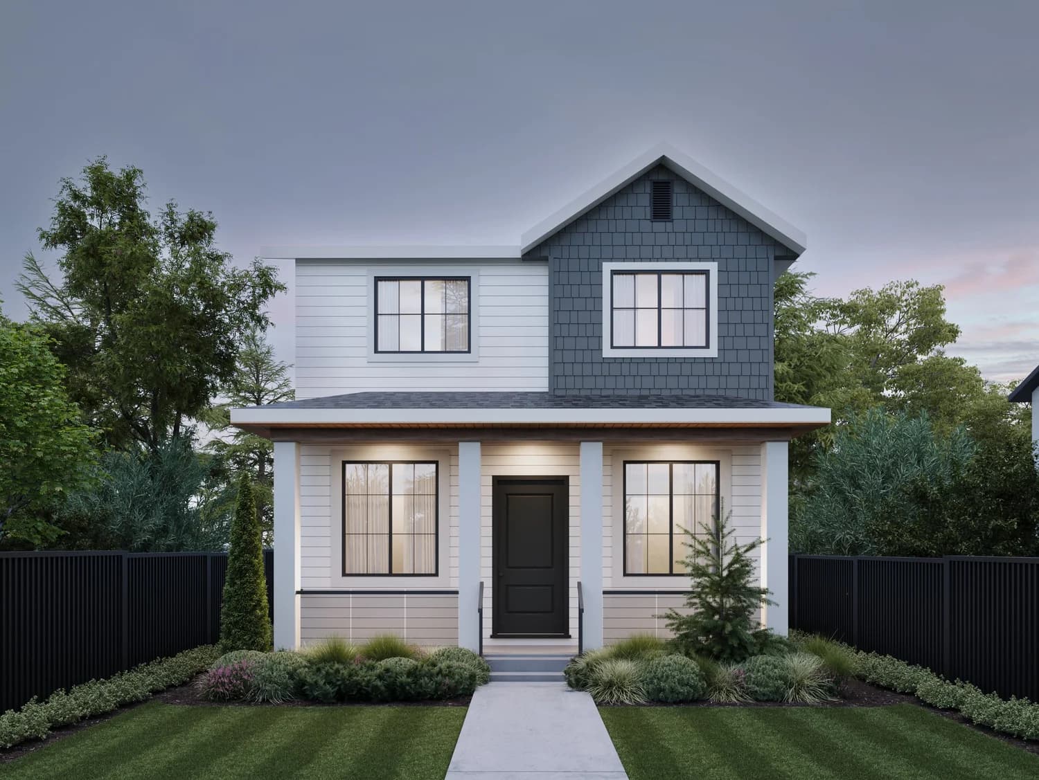 Montage – A straight-on architectural rendering of a modern two-story single-family home featuring white horizontal siding, slate-blue shake accents, and a covered front porch with warm recessed lighting. A neat concrete walkway cuts through a manicured green lawn framed by low shrubs, evergreen trees, and black vertical fencing under a dusk sky.