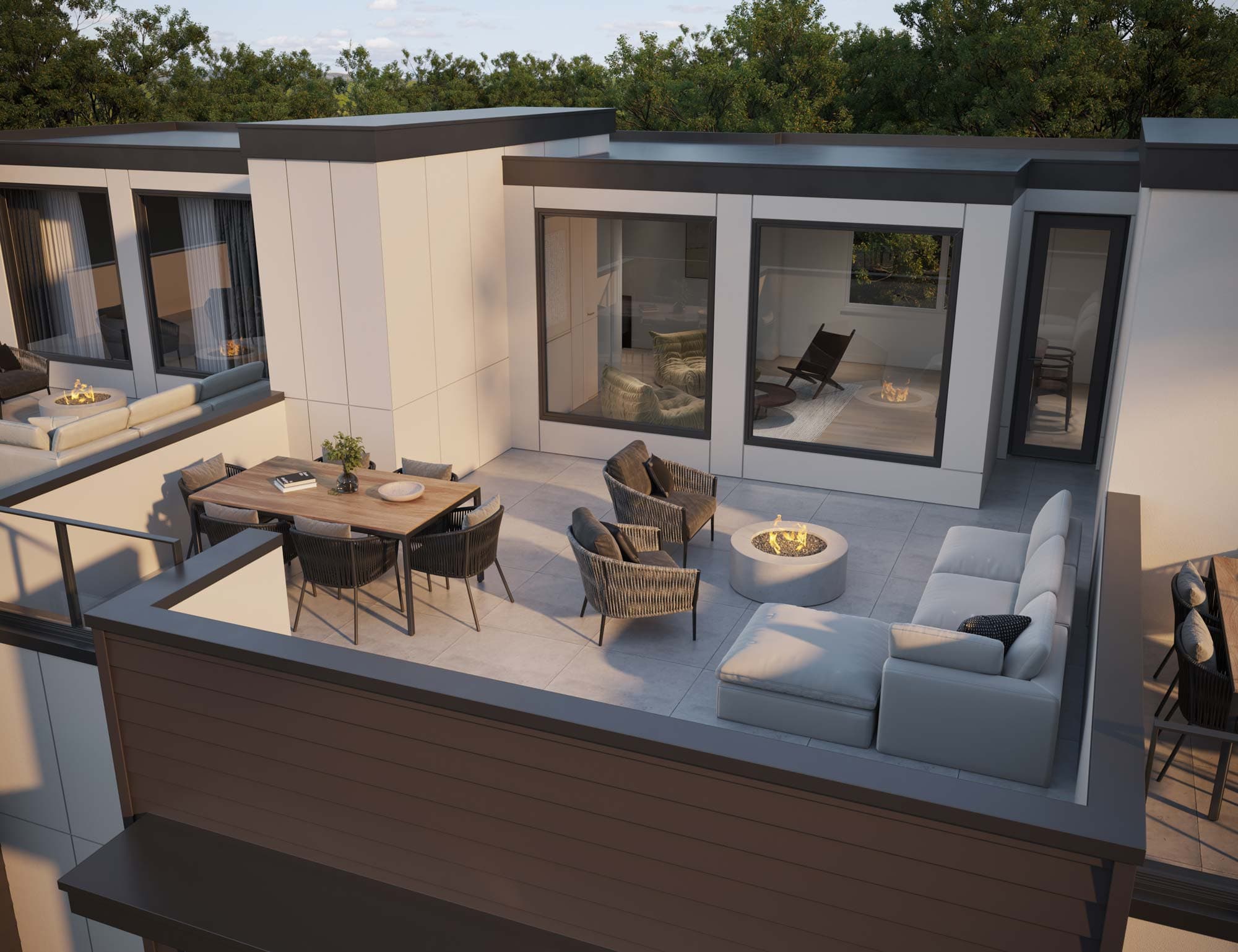 Elisa at Sunnyside Park – Rooftop terrace rendering with a dining table, two fire pits, and lounge seating overlooking neighboring rooftops.