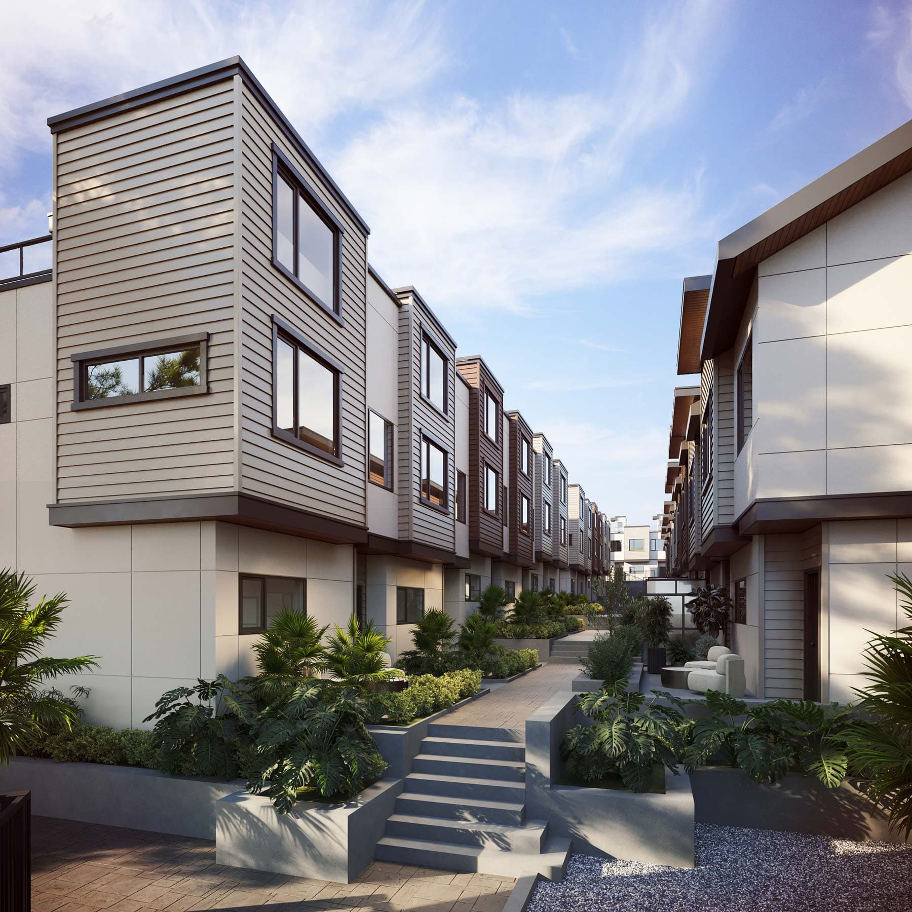 Elisa at Sunnyside Park – Rendering of an interior courtyard walkway between townhome buildings with landscaped steps and seating.