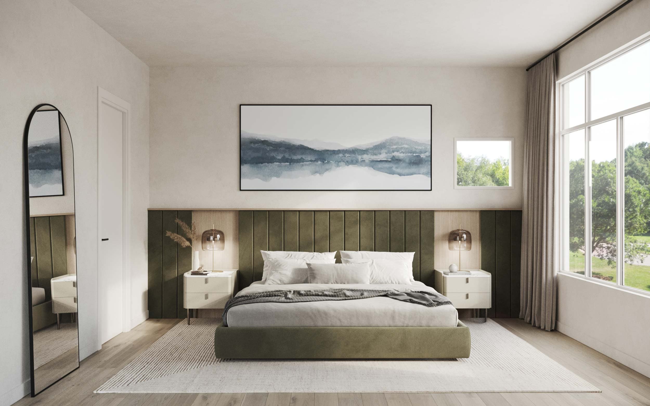 Elisa at Sunnyside Park – Primary bedroom rendering with an olive-green channel-tufted upholstered bed and floor-to-ceiling windows.