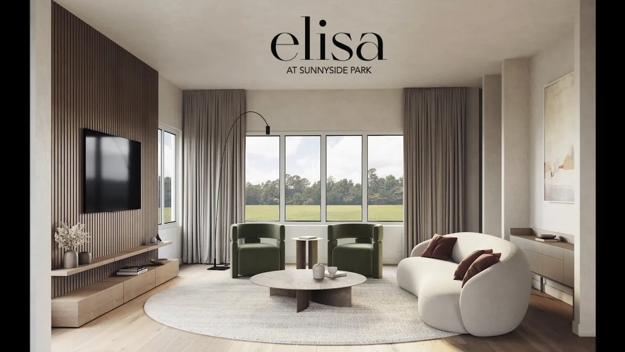 Elisa at Sunnyside Park – Branded title card reading 'elisa at sunnyside park' overlaid on the living room rendering.
