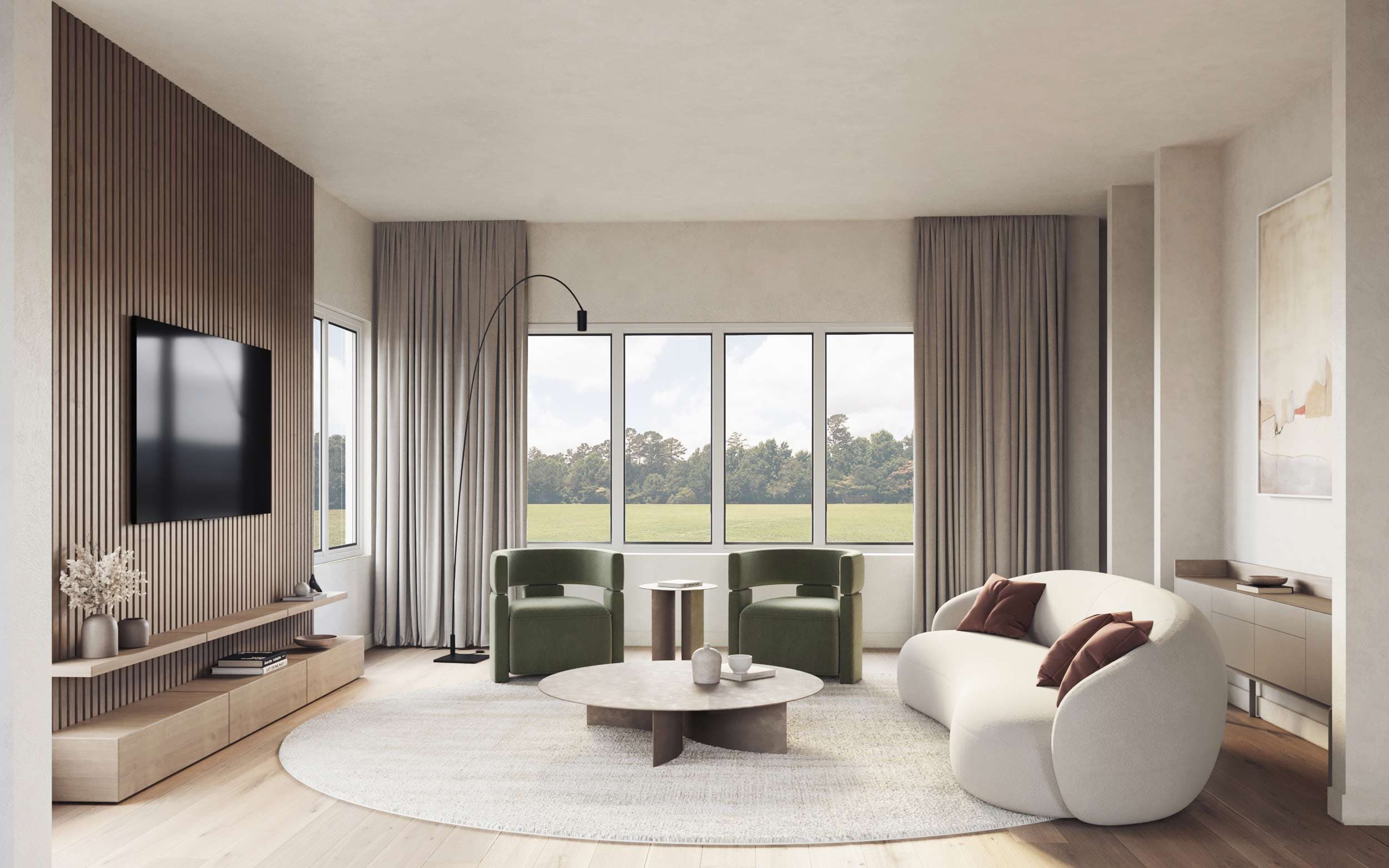 Elisa at Sunnyside Park – Living room rendering with a wood-slat TV wall, curved boucle sofa, green accent chairs, and a park view through large windows.