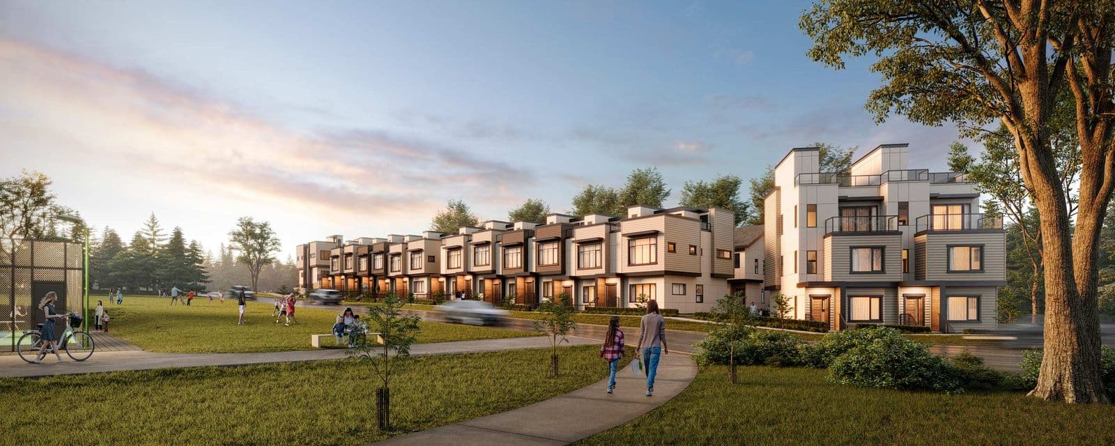 Elisa at Sunnyside Park – Wide-angle rendering from an adjacent park showing the townhome development at dusk with residents on the pathways.