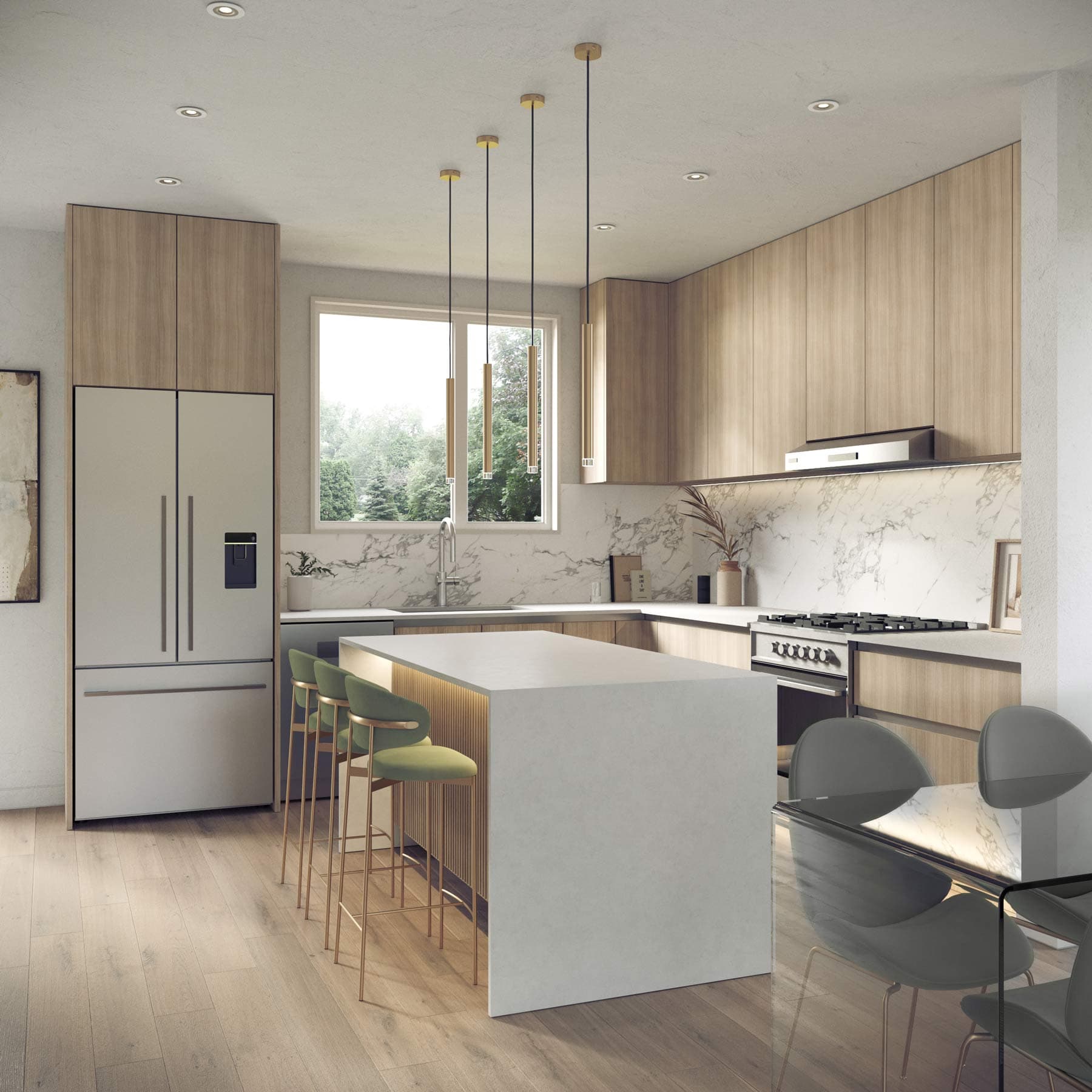 Elisa at Sunnyside Park – Kitchen rendering with a waterfall-edge island, brass pendant lights, marble backsplash, and green bar stools.