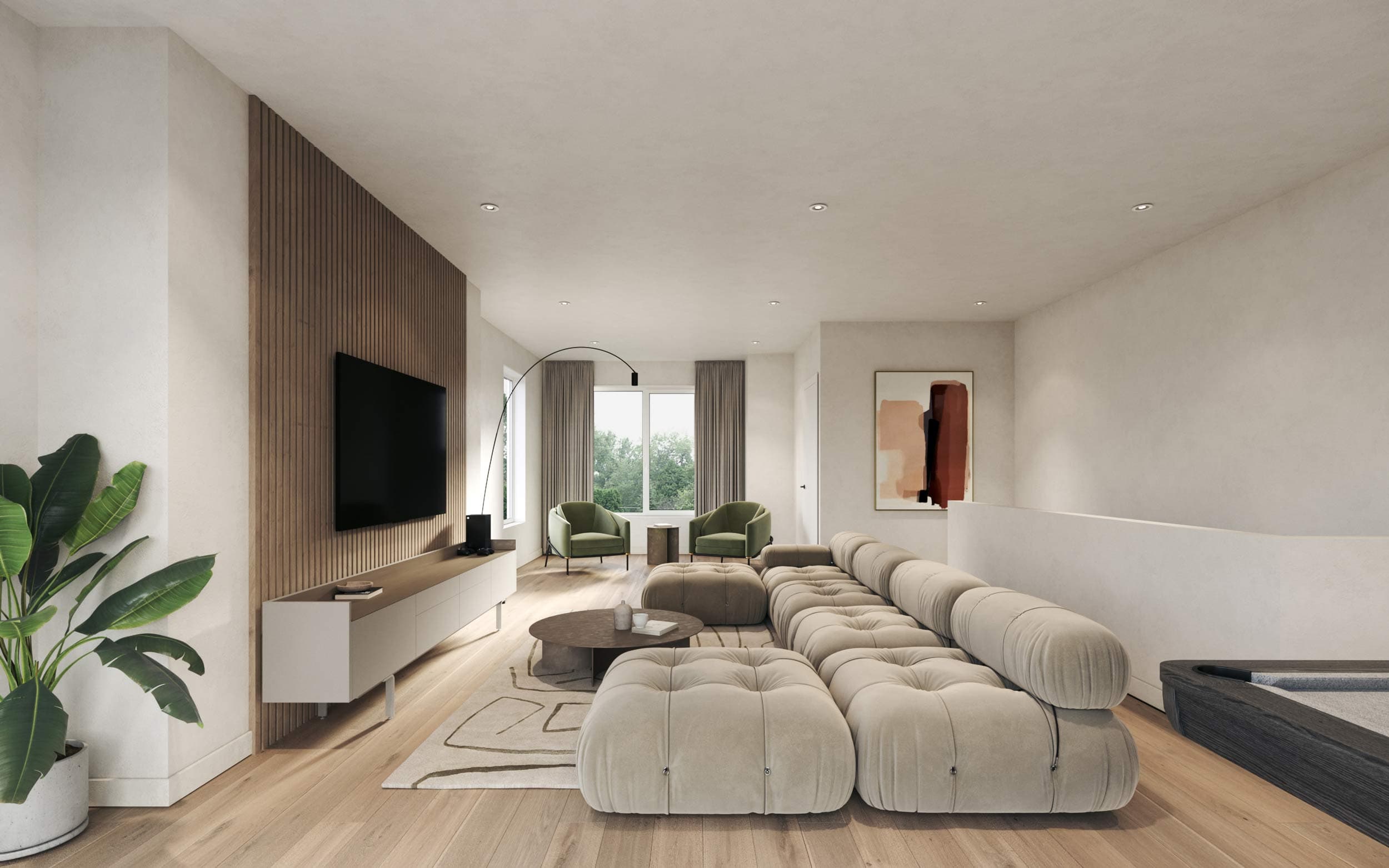 Elisa at Sunnyside Park – Shared lounge room rendering with a tufted modular sofa, wood-slat TV wall, and a pool table edge visible.