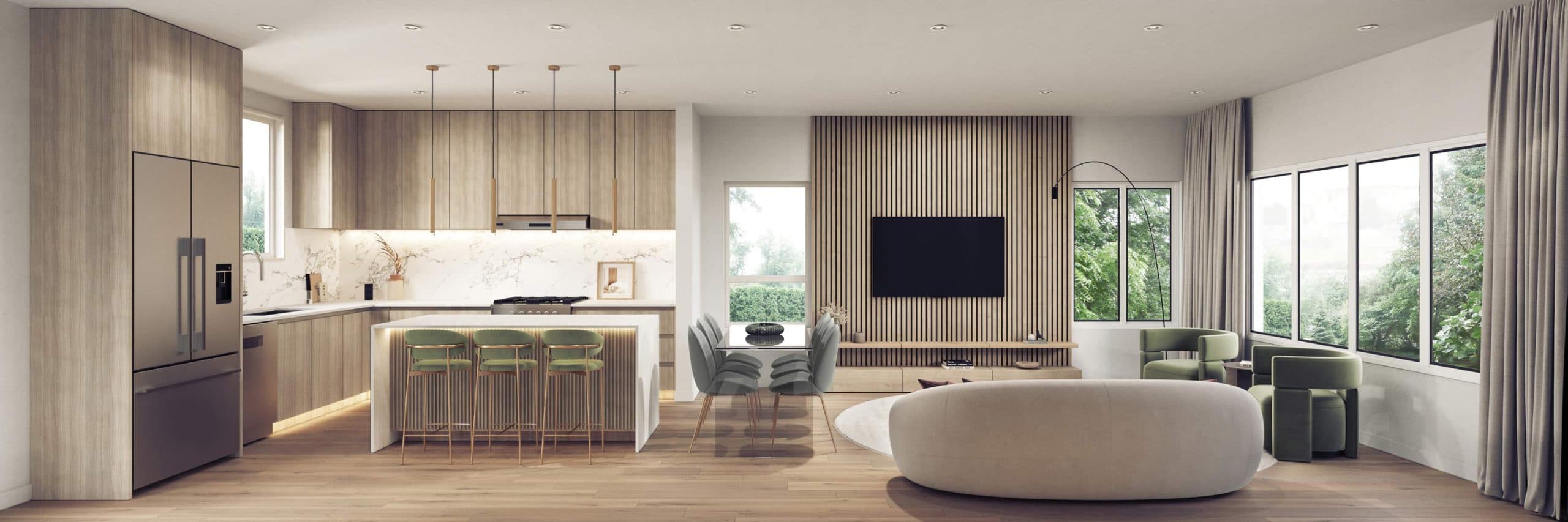 Elisa at Sunnyside Park – Wide panoramic rendering showing the full open kitchen, dining, and living room layout.