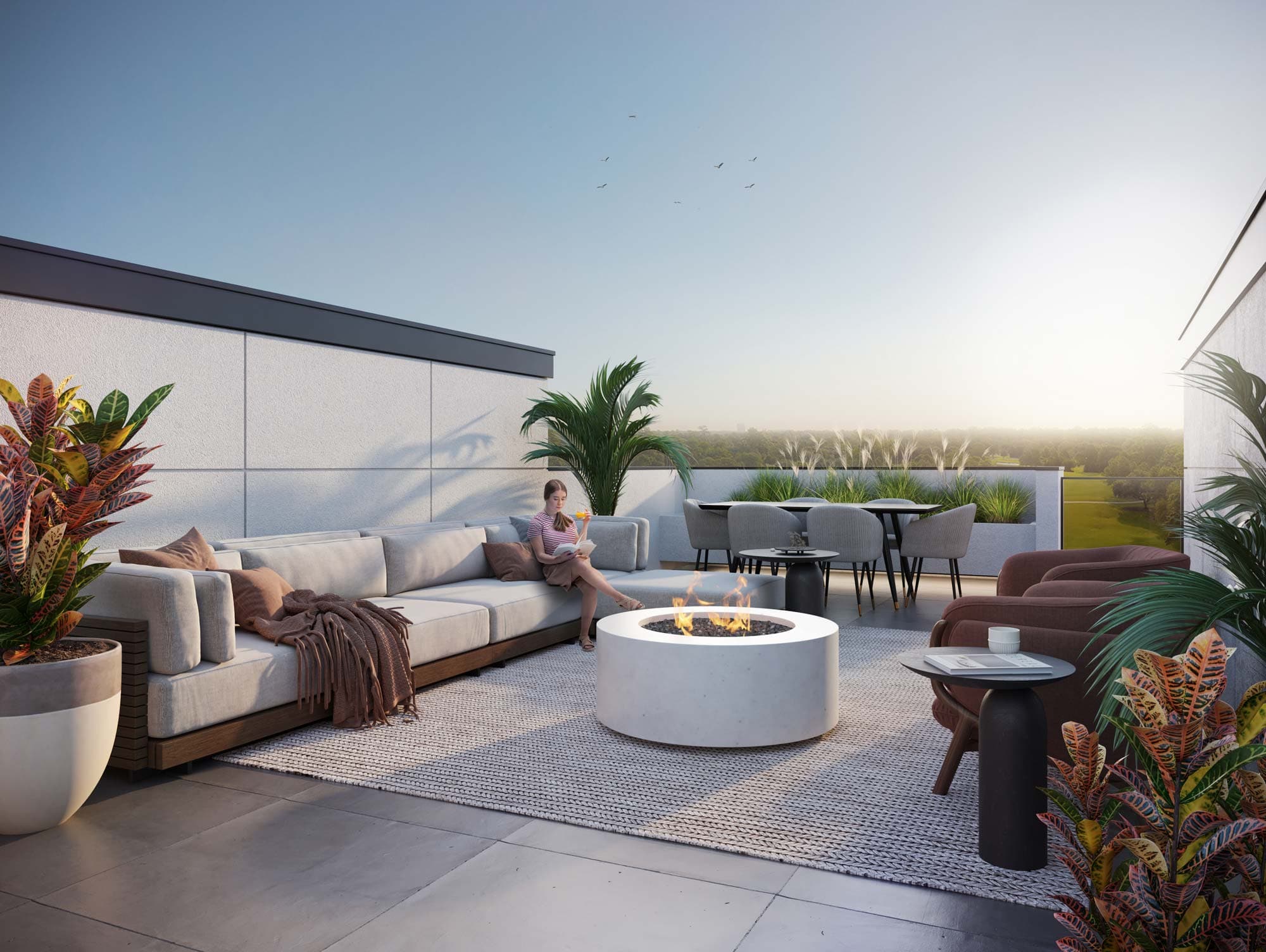 Elisa at Sunnyside Park – Rooftop lounge rendering with a round fire pit, sectional sofa, potted plants, and open sky views over treetops.