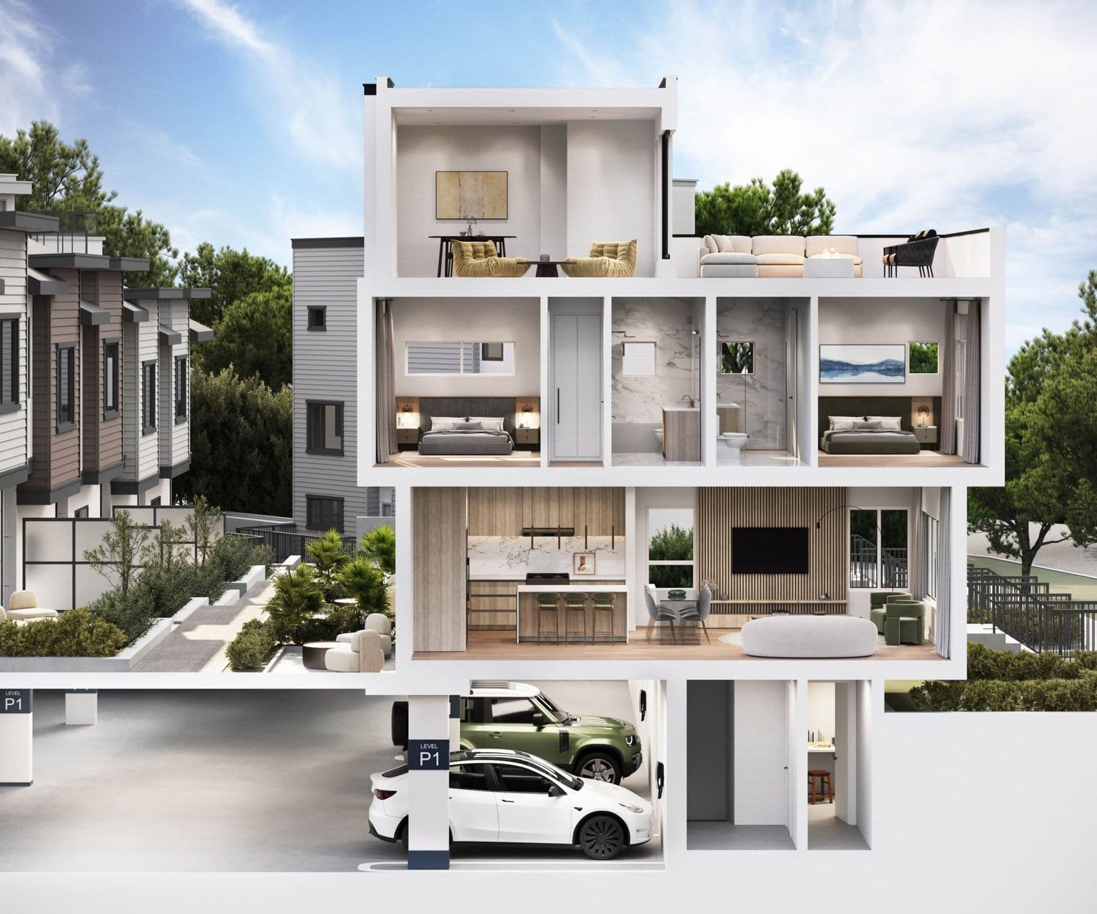 Elisa at Sunnyside Park – Architectural cutaway cross-section rendering of the building showing parking, kitchen/living, bedrooms, and rooftop deck across all levels.