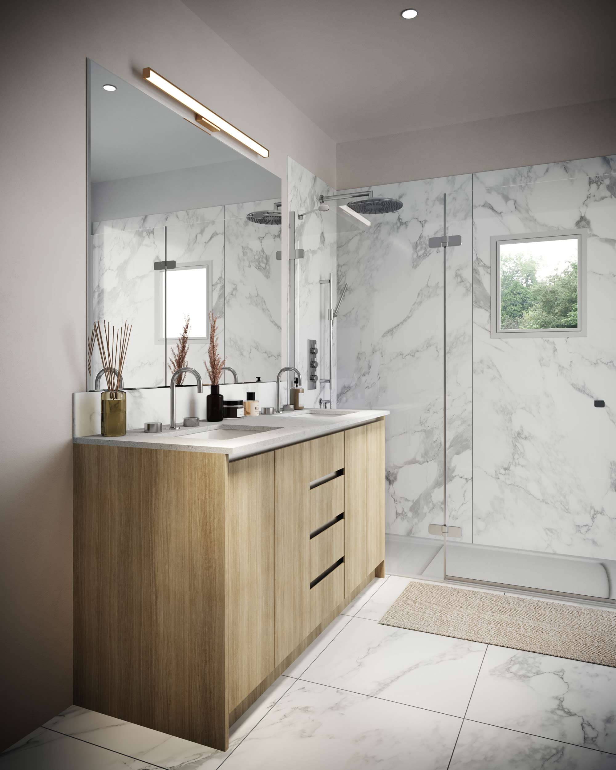 Elisa at Sunnyside Park – Primary bathroom rendering with a double-sink wood vanity and a marble-tiled walk-in shower.