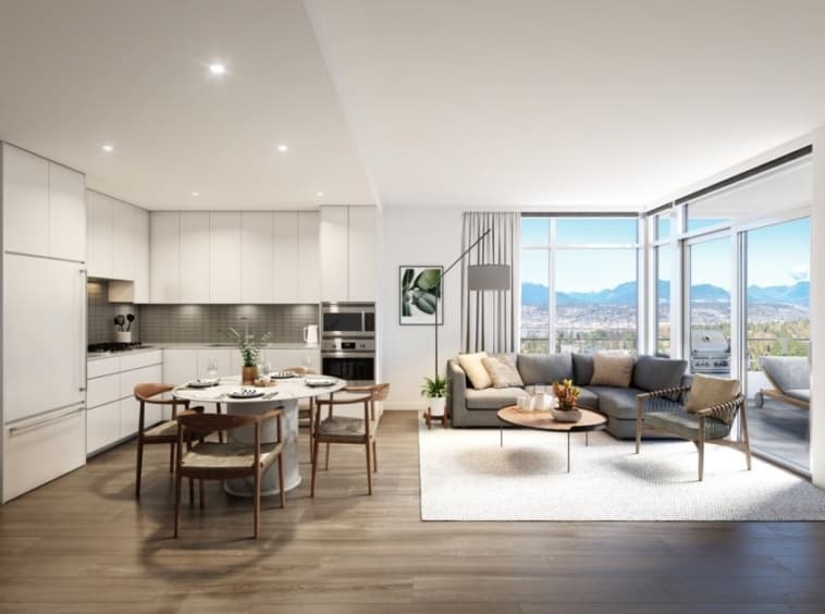 Ascent – Rendering of an open-concept kitchen, dining, and living room with wraparound windows showing a mountain skyline view.