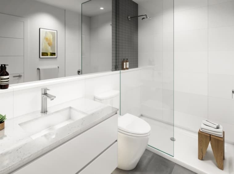 Ascent – Rendering of a bathroom with white marble vanity, glass-enclosed walk-in shower, and freestanding toilet.