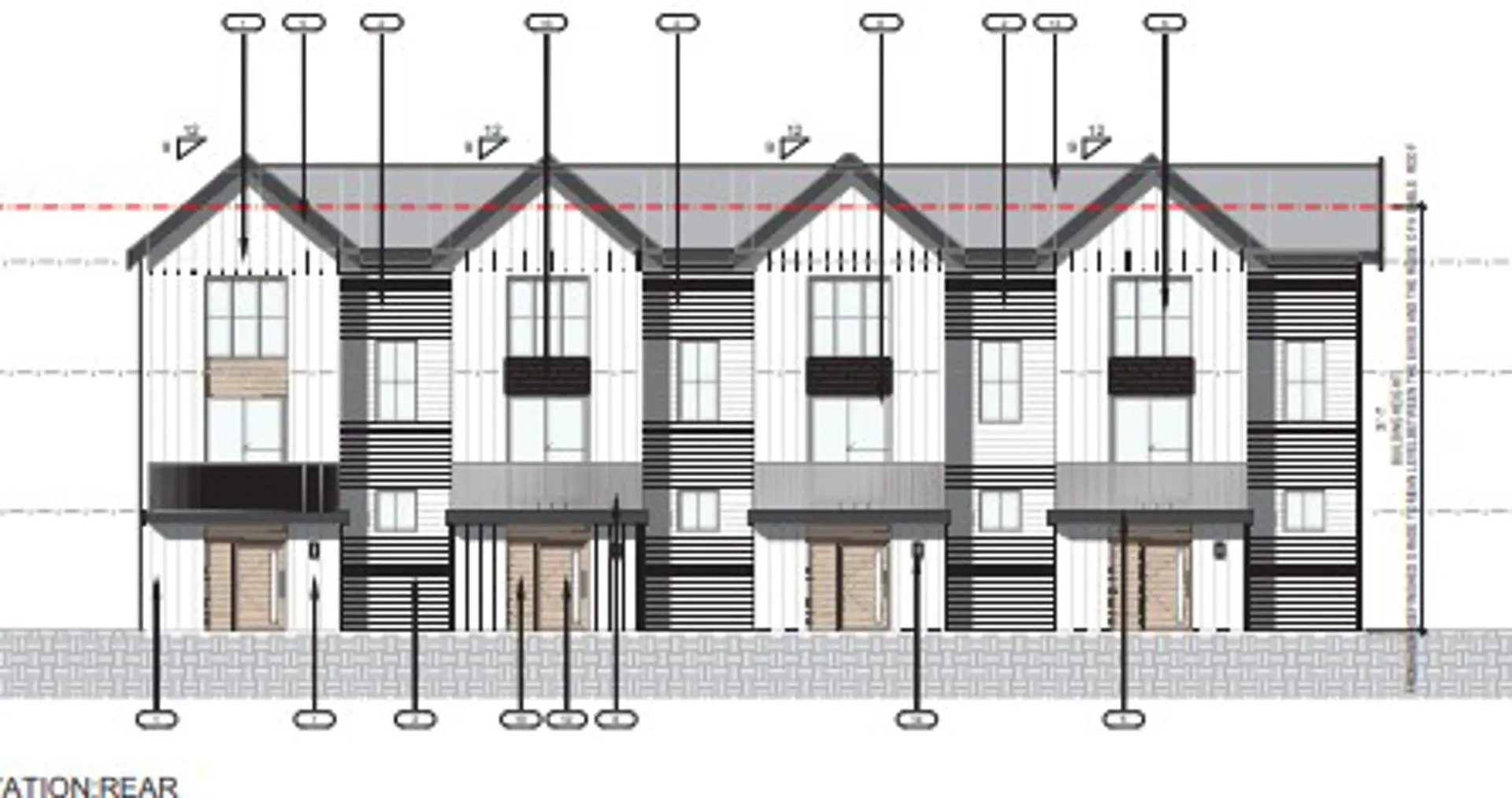 Patterson Ridge – An architectural elevation blueprint drawing showing the rear facade of a four-unit row of modern townhomes with gabled roofs. The black-and-white technical schematic includes dimension lines, material callout labels, and pointers detailing the siding and roof pitches.