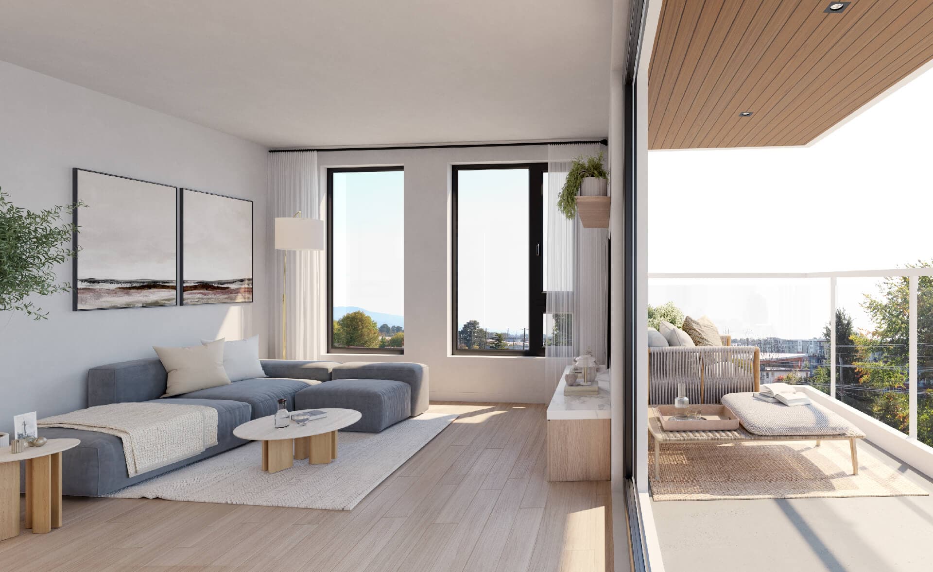 Porthaven – Living room with a gray sectional sofa, area rug, and coffee table opening onto a covered balcony with outdoor lounge furniture and a city view.