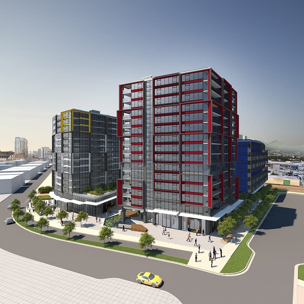375 East 1st Avenue Condos – An elevated rendering showcases a modern multi-building residential development featuring bold red and yellow accent frames on glass facades. The mid-rise towers sit along a curved city street with tree-lined sidewalks, pedestrian plazas, and ground-floor retail beneath a clear blue sky.