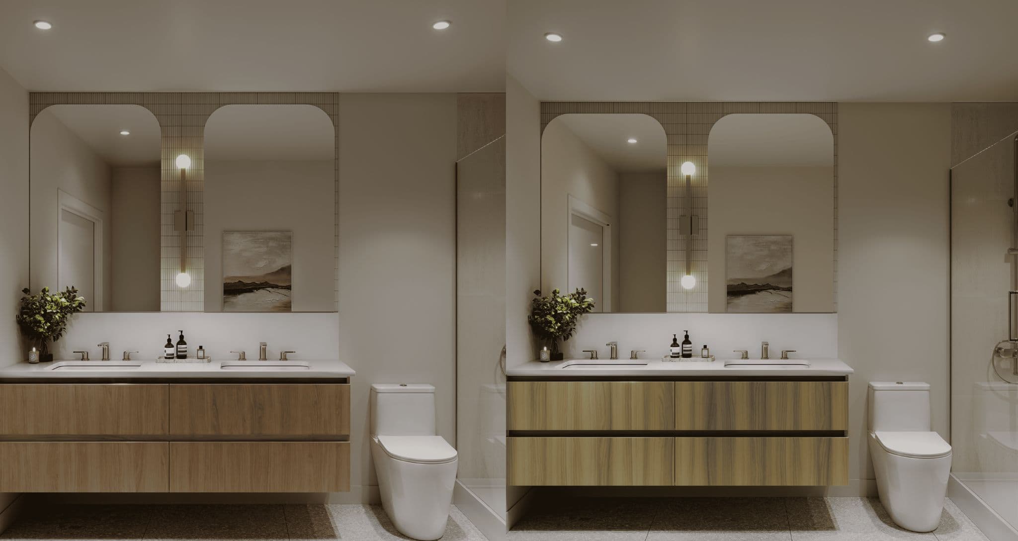 Rocklin – Side-by-side comparison of a bathroom with double sinks, arched mirrors, wood vanity, and a glass shower enclosure in two different wood tones.