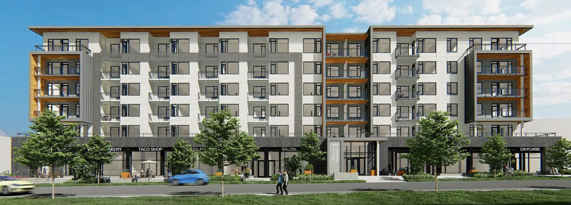 Arterra – Full front elevation of the condo building at street level showing ground-floor shops labeled bakery, taco shop, salon, market, and daycare.
