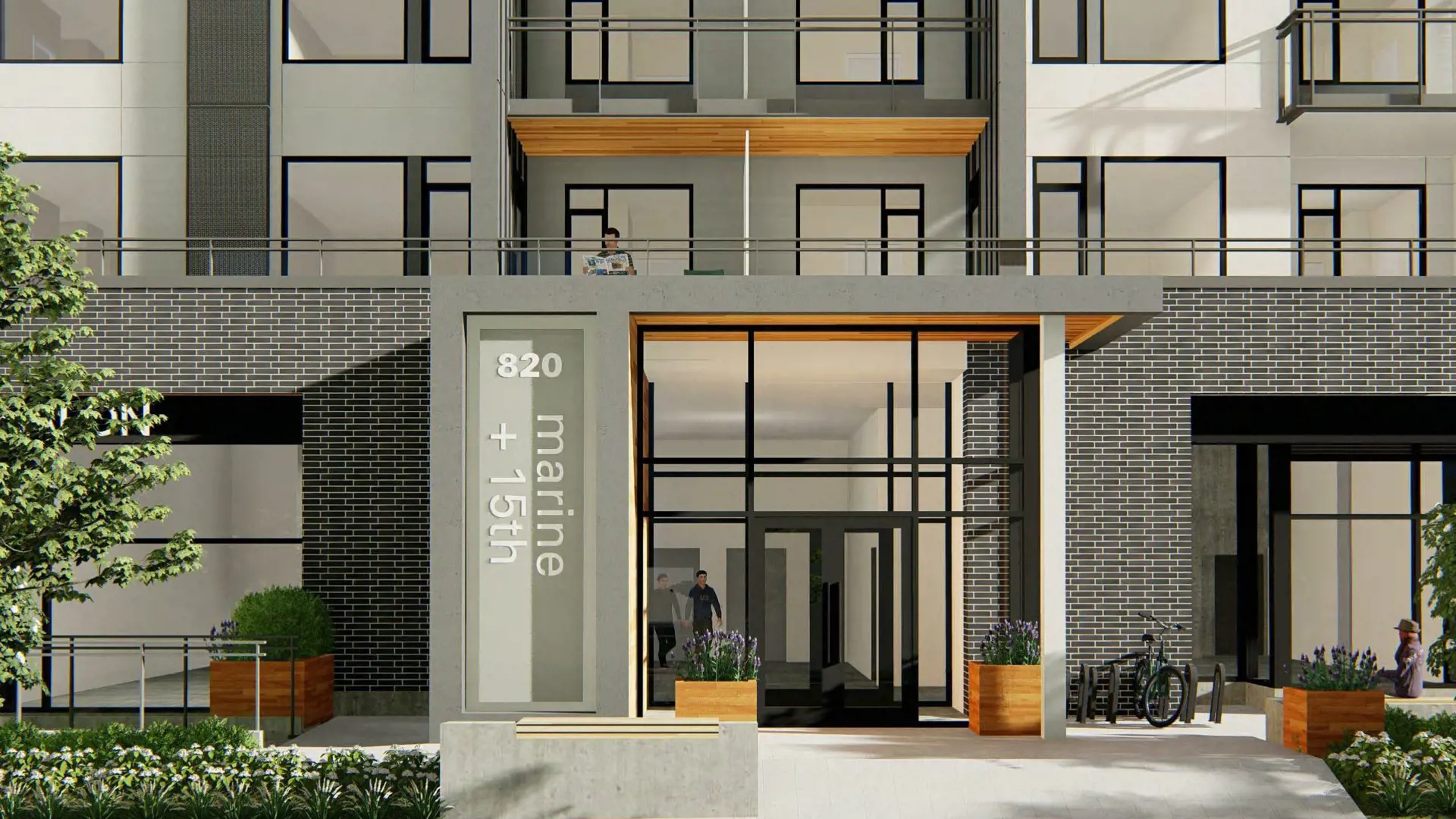 Arterra – Close-up of the building's brick entrance marked '820 marine + 15th' with a glass lobby, bike racks, and planters.