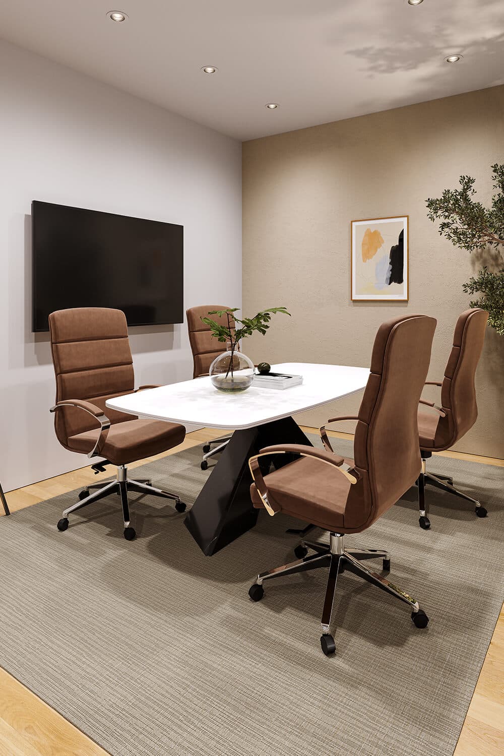 Stowa – A modern co-working conference room features a white marble-topped table surrounded by four brown leather executive chairs resting on a large beige area rug. The space is detailed with a wall-mounted flat-screen television, a textured accent wall with framed abstract art, and potted greenery in the corner.