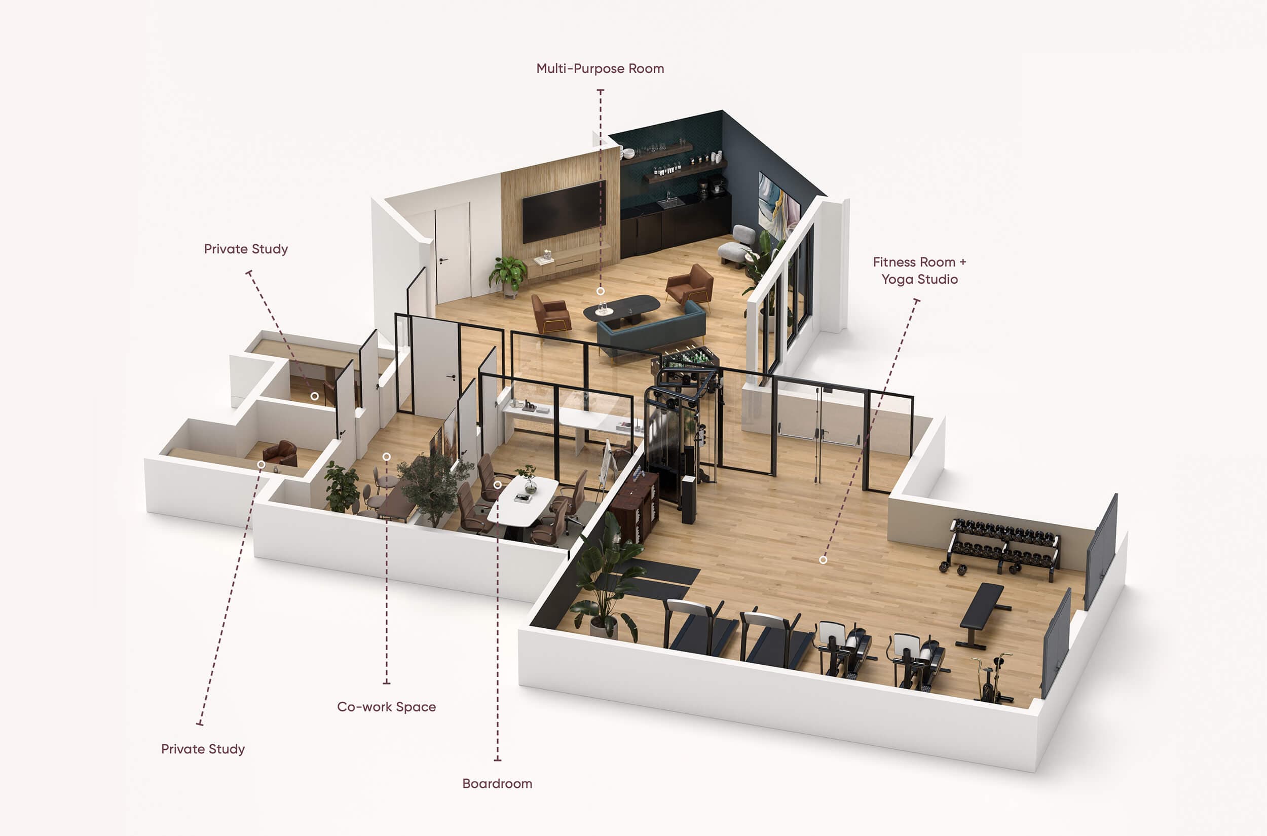 Stowa – A 3D isometric cutaway diagram of a building floor plan featuring various indoor amenity spaces set on light wood flooring. Text labels with pointer lines identify areas such as Private Study, Co-work Space, Boardroom, Multi-Purpose Room, and Fitness Room + Yoga Studio filled with detailed furniture and gym equipment.