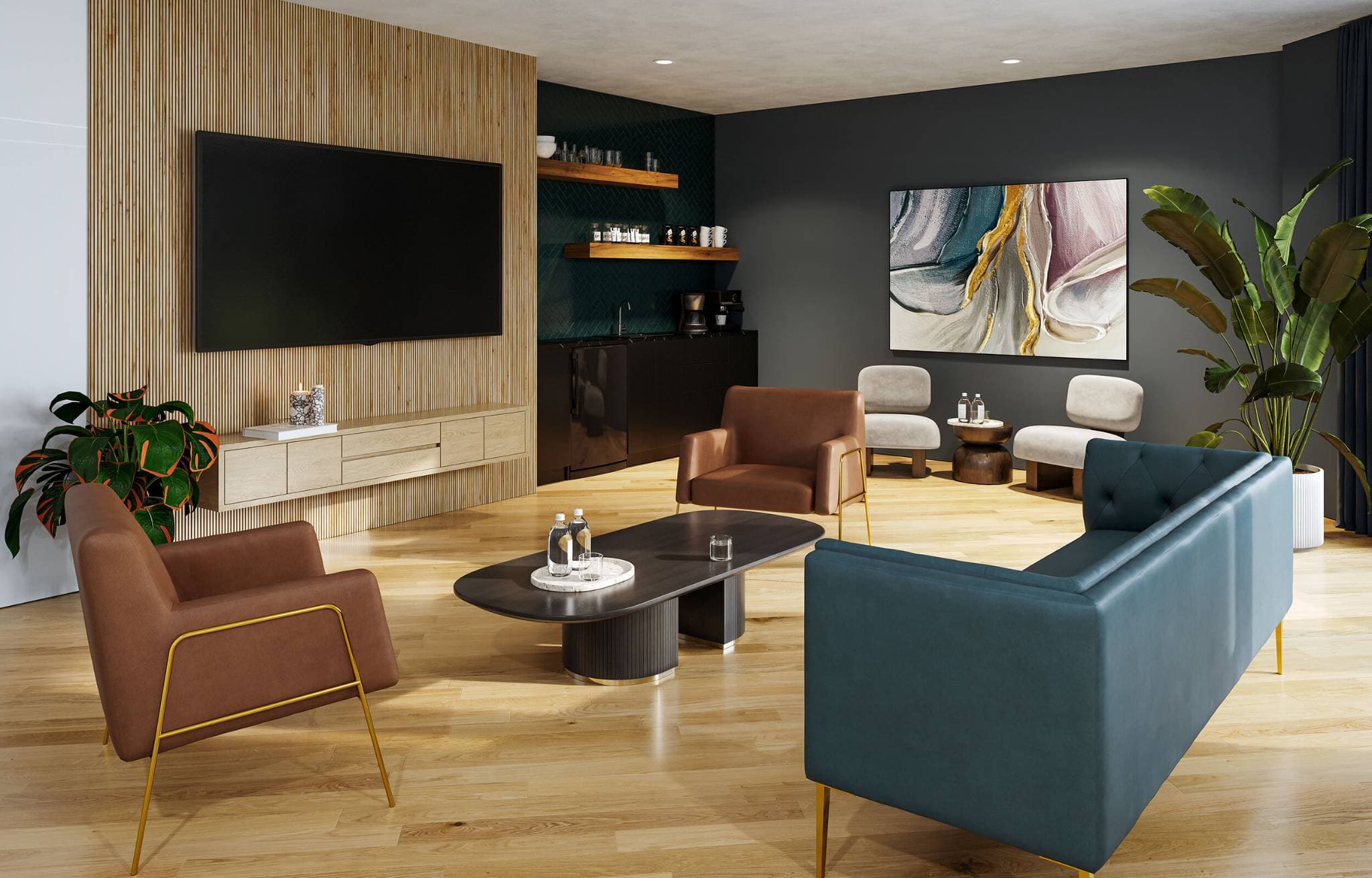 Stowa – A modern residential lounge area features a large wall-mounted flat-screen TV on a light-wood slatted accent wall above a floating console, surrounded by stylish armchairs and a teal sofa. In the background, dark charcoal walls anchor a wet bar nook with floating shelves, complementary abstract artwork, and potted indoor plants throughout the warm wood-floored space.