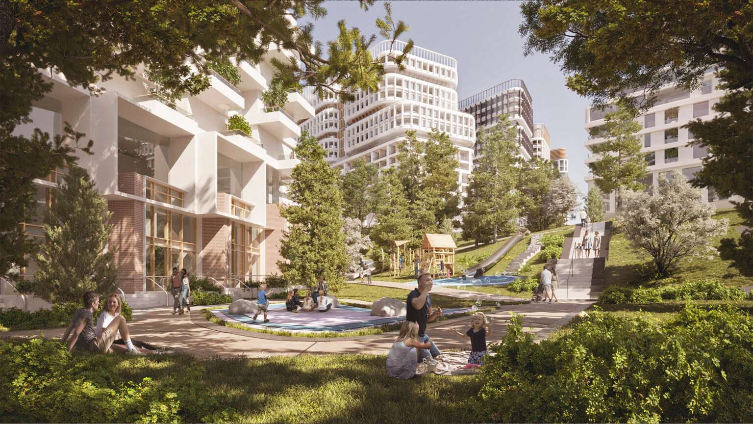 Blake Village – A sunlit outdoor courtyard and children's playground nestled between contemporary white multi-story residential buildings. People and families relax on lush green lawns and paved paths surrounded by mature trees in bright daylight.