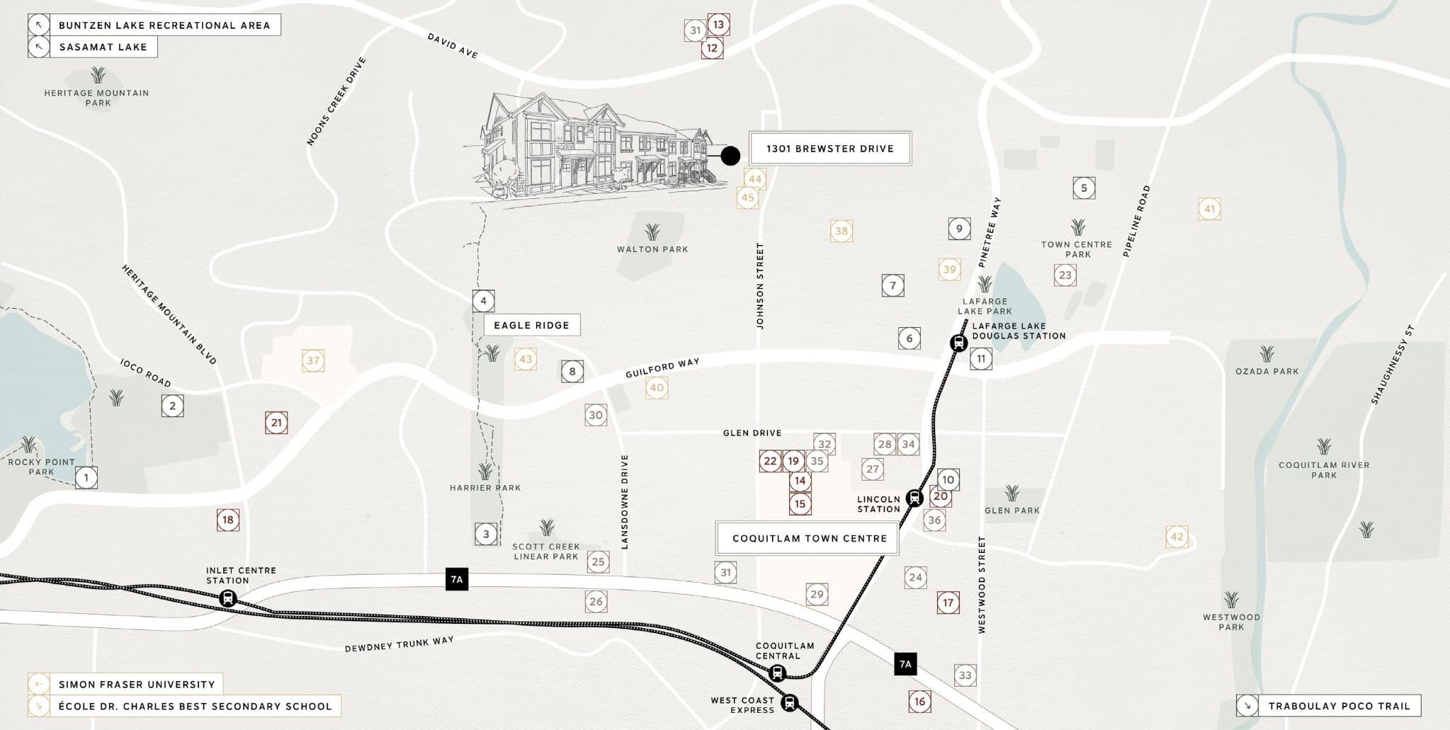 Westview Townhomes – A clean, minimalist illustrated neighbourhood map showing local transit lines, parks, schools, and numbered area amenities. An architectural line drawing of the residential building is highlighted at 1301 Brewster Drive in the upper center.