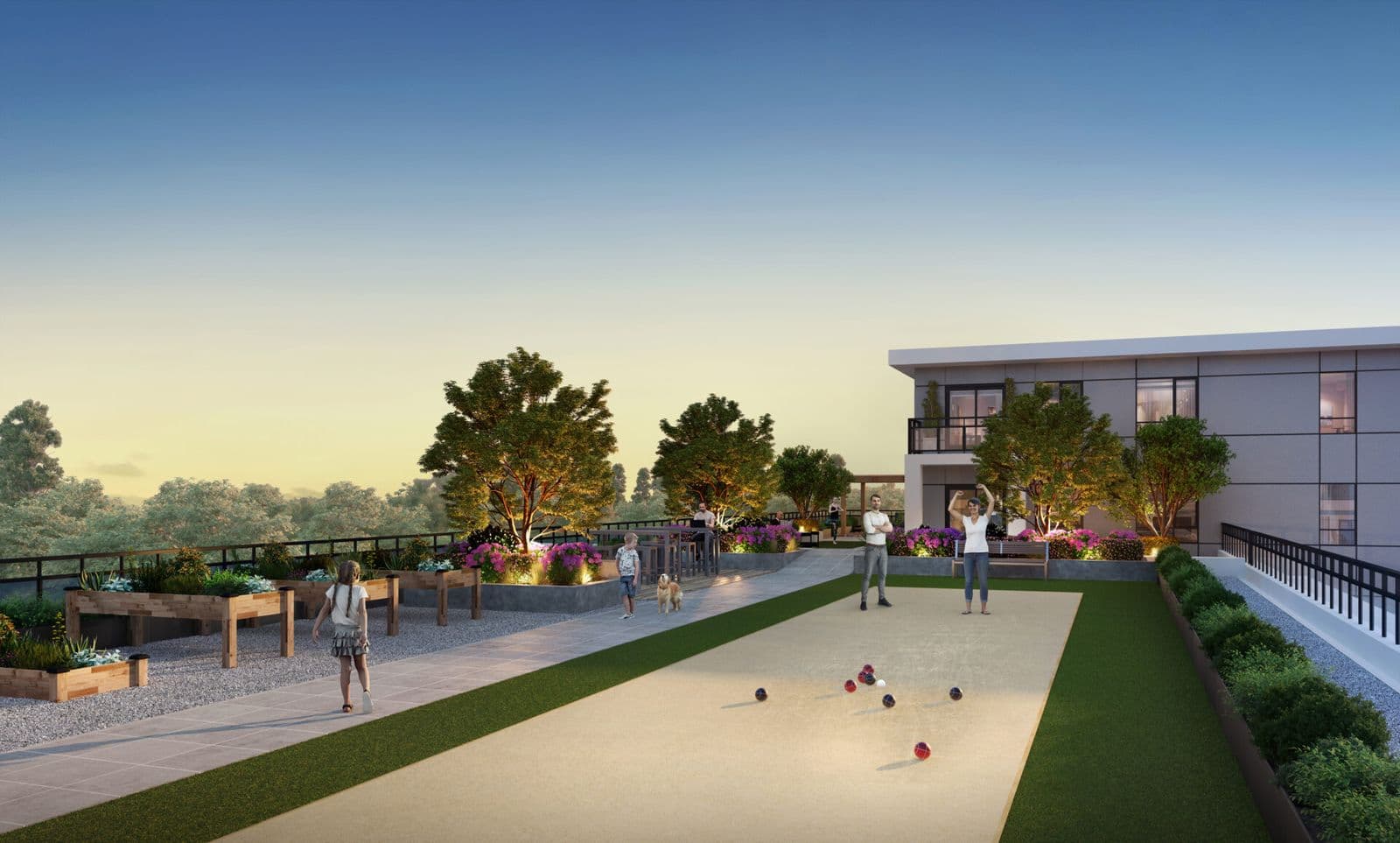 Spera – Rooftop terrace at dusk with a bocce ball court, landscaped planters, and residents including children playing.