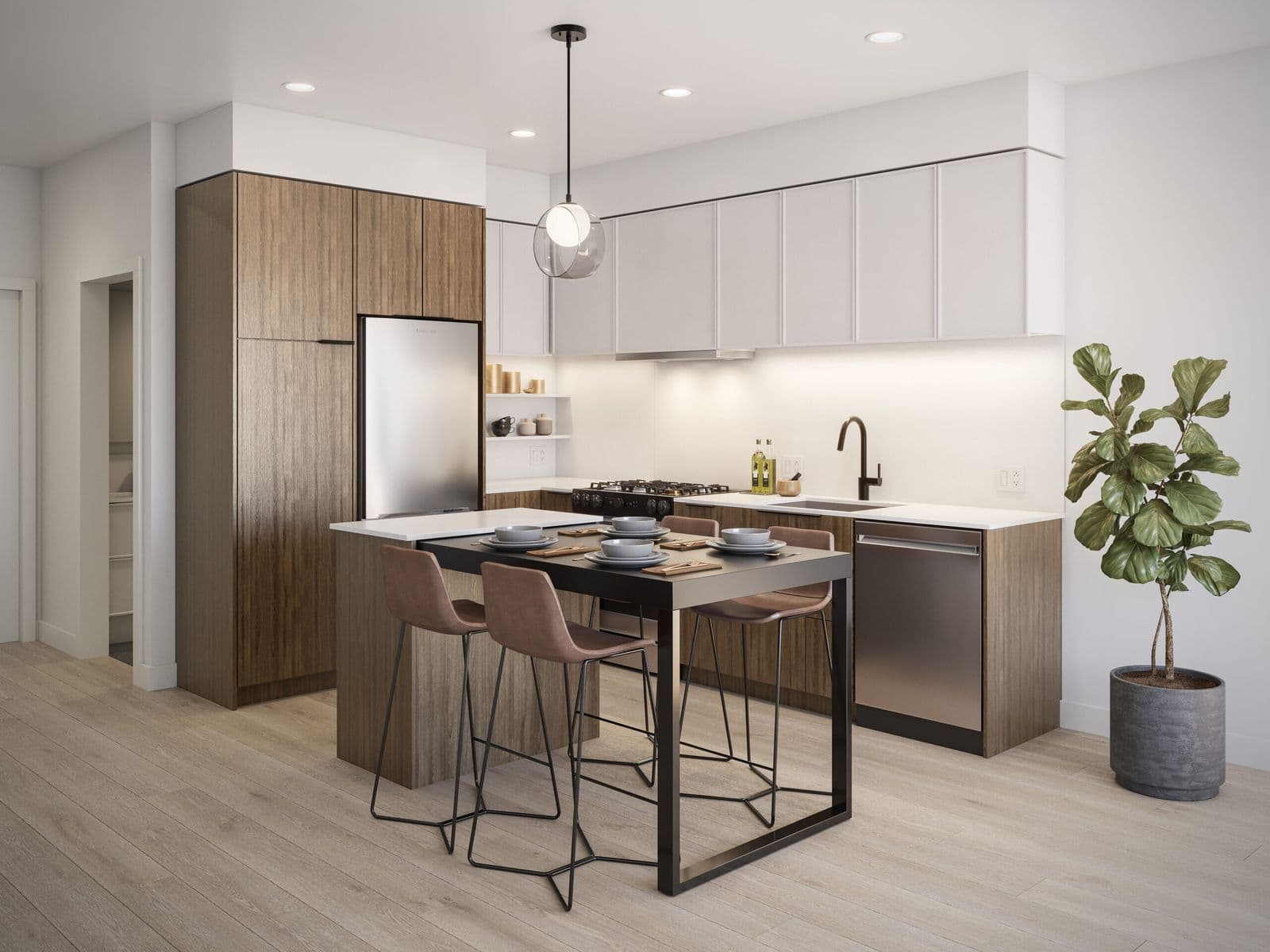 Spera – Same kitchen layout shown with a darker wood cabinet finish option, island dining table, bar stools, and a potted plant near the window.