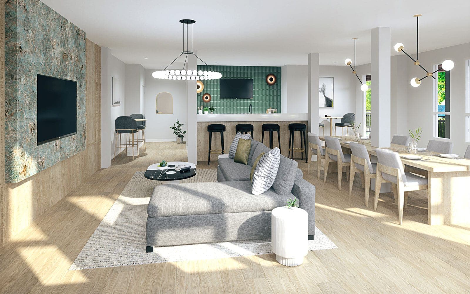 Ashton – A shared lounge with a grey sectional sofa, wall-mounted TV, a green-tiled wet bar with stools, and a long communal dining table.