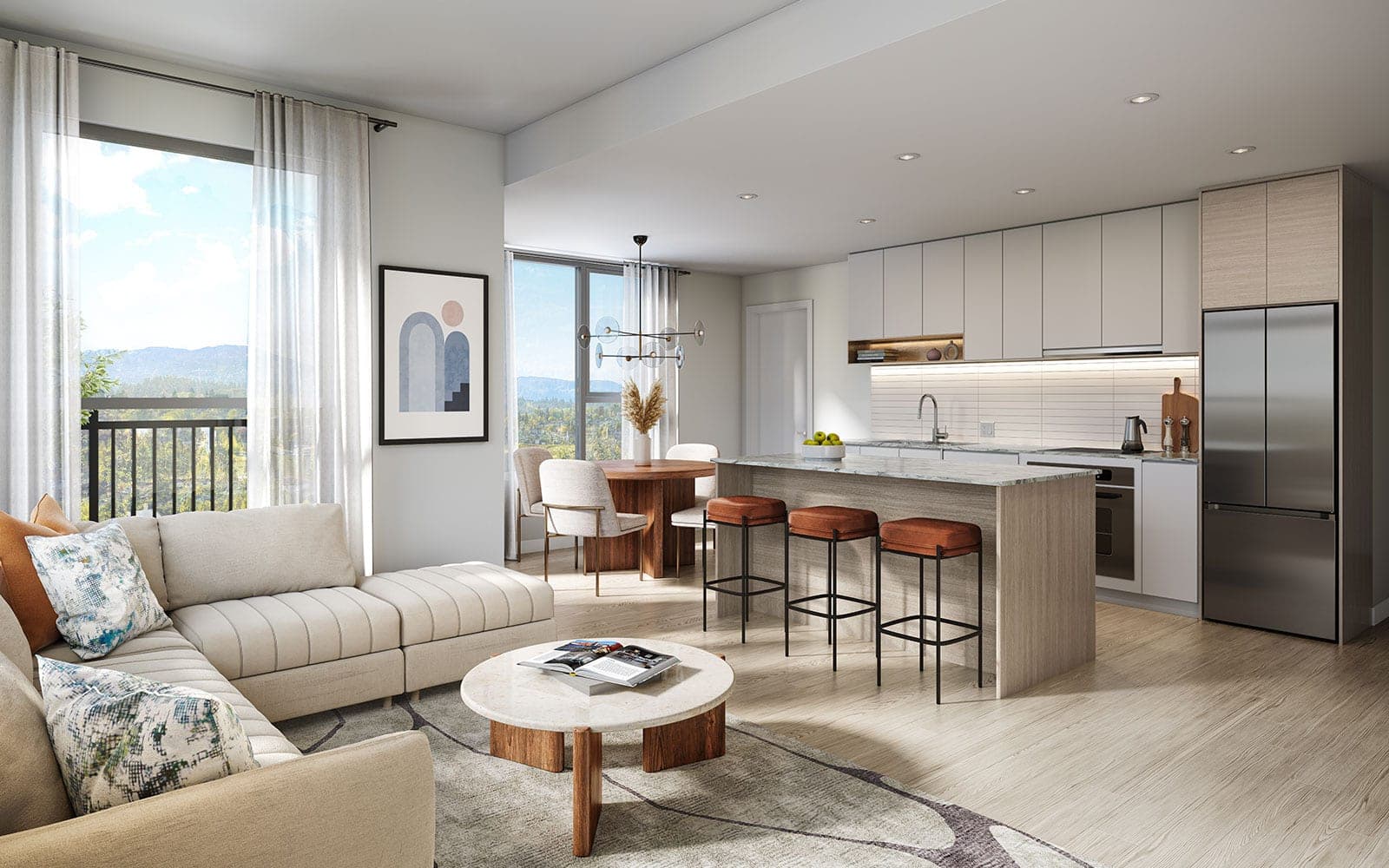 Ashton – An open-concept living, dining, and kitchen area with a beige sectional sofa, wood dining table, stone-topped island with stools, and a balcony view of mountains beyond.