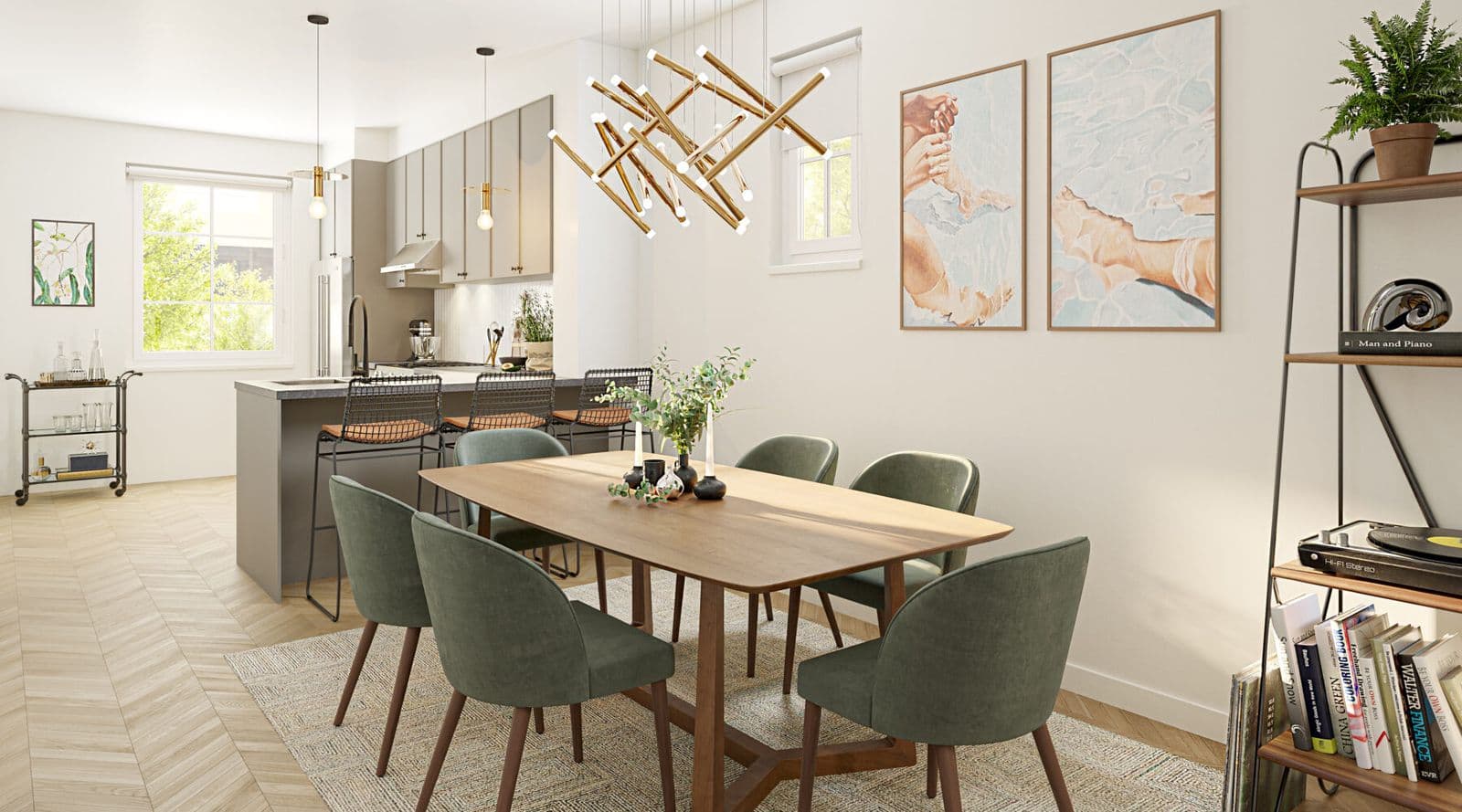 The Robinsons Parkside Collection – Open dining and kitchen area with a wood dining table, green upholstered chairs, a gold geometric chandelier, and framed art above a bar cart and bookshelf.