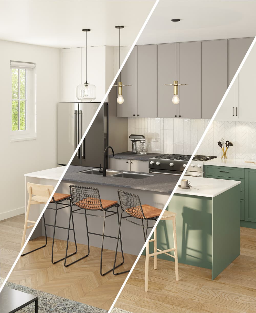 The Robinsons Parkside Collection – Split-image kitchen comparison showing three different cabinet finish options (white, grey, and green) for the same island layout with pendant lighting and bar stools.