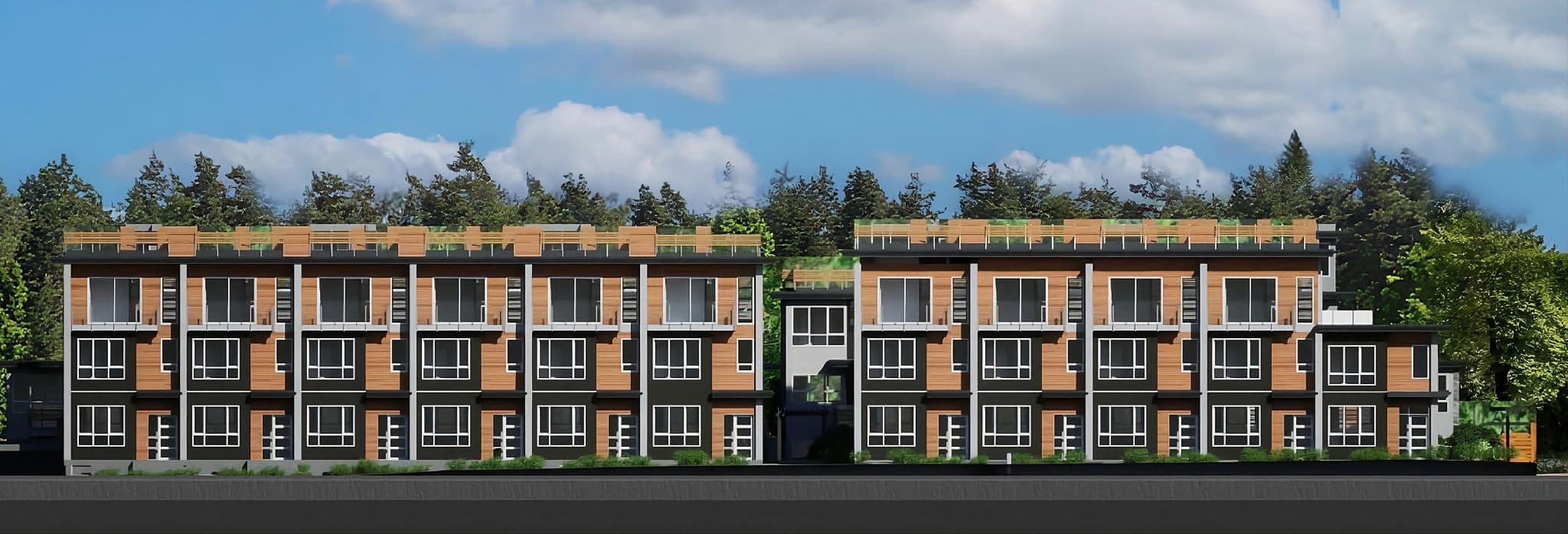 3428-3464 Mount Seymour Parkway Townhomes – A straight-on architectural elevation rendering of a modern, multi-story townhouse complex featuring wood-look siding, dark grey accent panels, and glass rooftop patio railings. Set against a backdrop of dense evergreen trees, the building is shown under a bright daytime sky with light clouds.