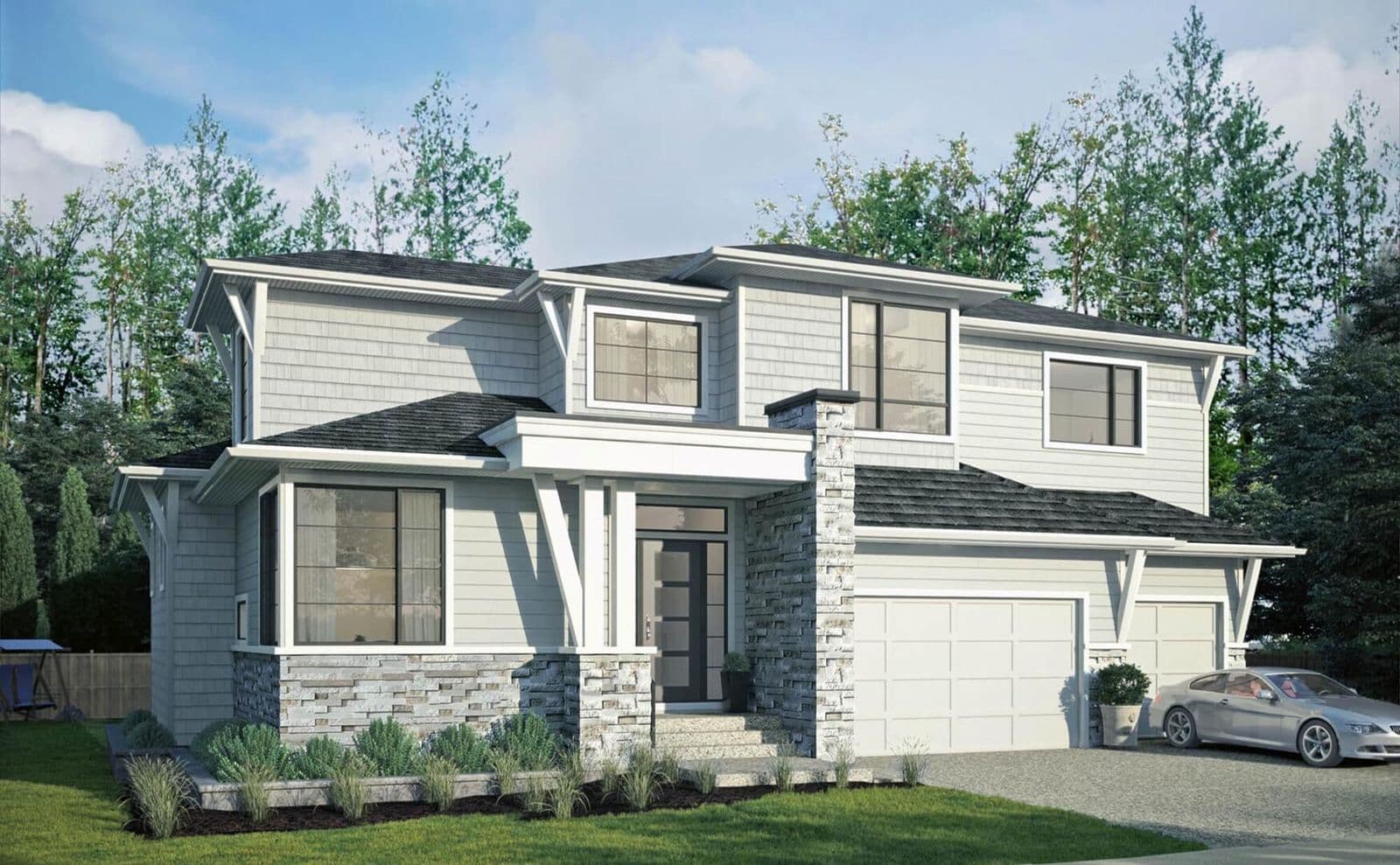 James Hill – Two-story grey and white home with stone accents, covered porch entry, and a three-car garage, shown in daylight with mature trees behind.