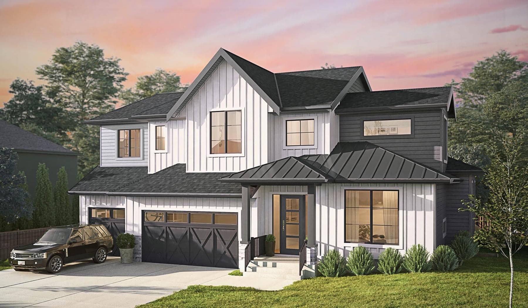 James Hill – Two-story home with white board-and-batten and dark siding, black-framed windows, and a two-car garage, shown at dusk with a pink sky.